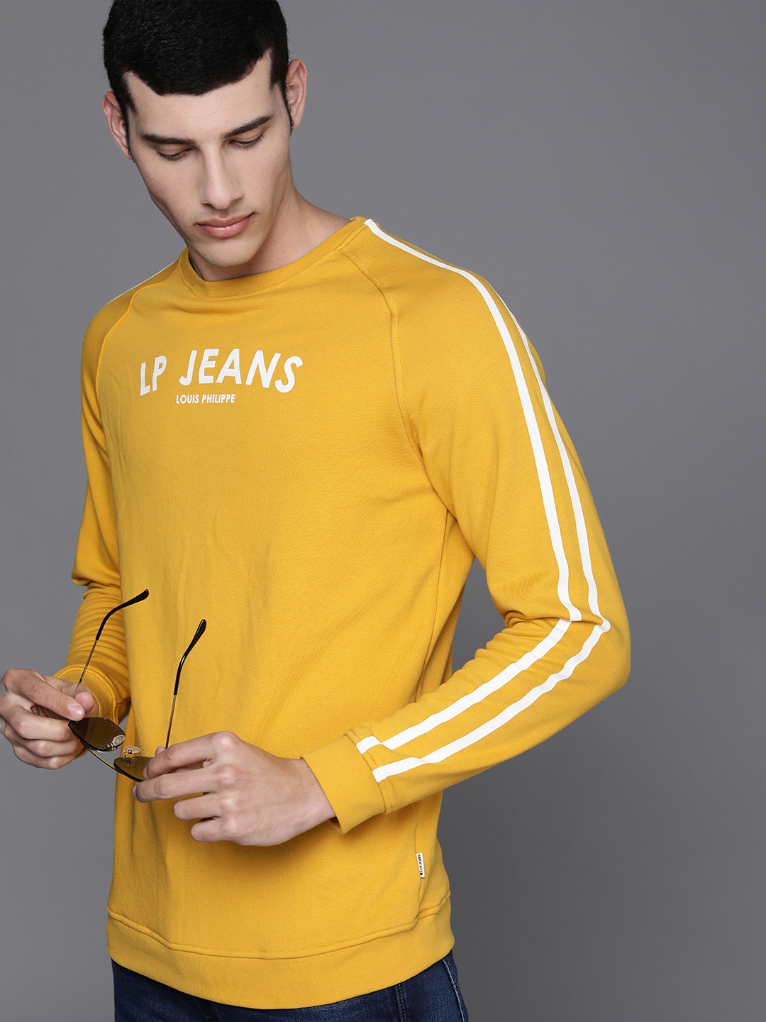 

Louis Philippe Jeans Men Yellow & White Brand logo Printed Round Neck Sweatshirt