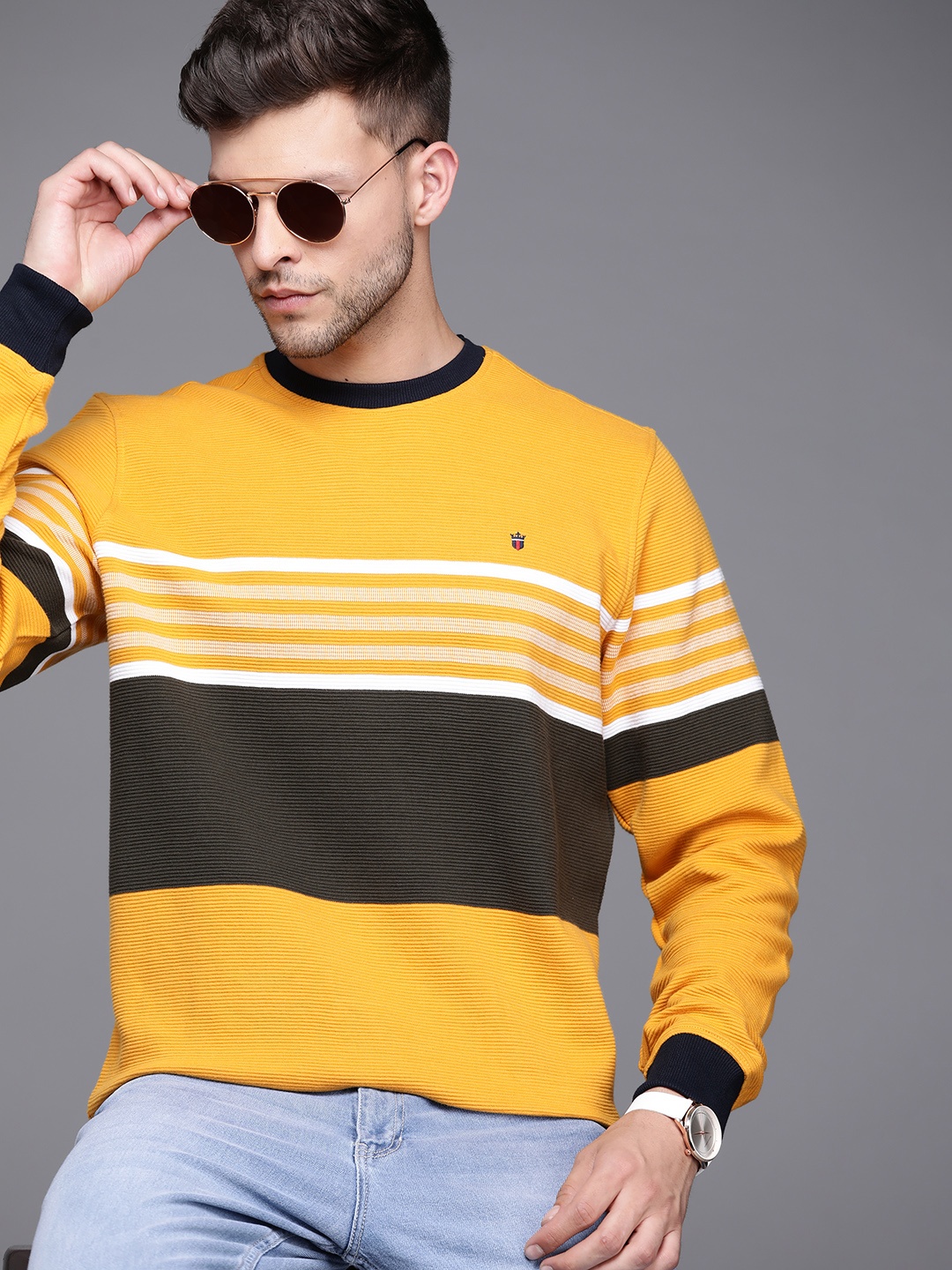 

Louis Philippe Sport Men Mustard Yellow & Olive Green Striped Sweatshirt