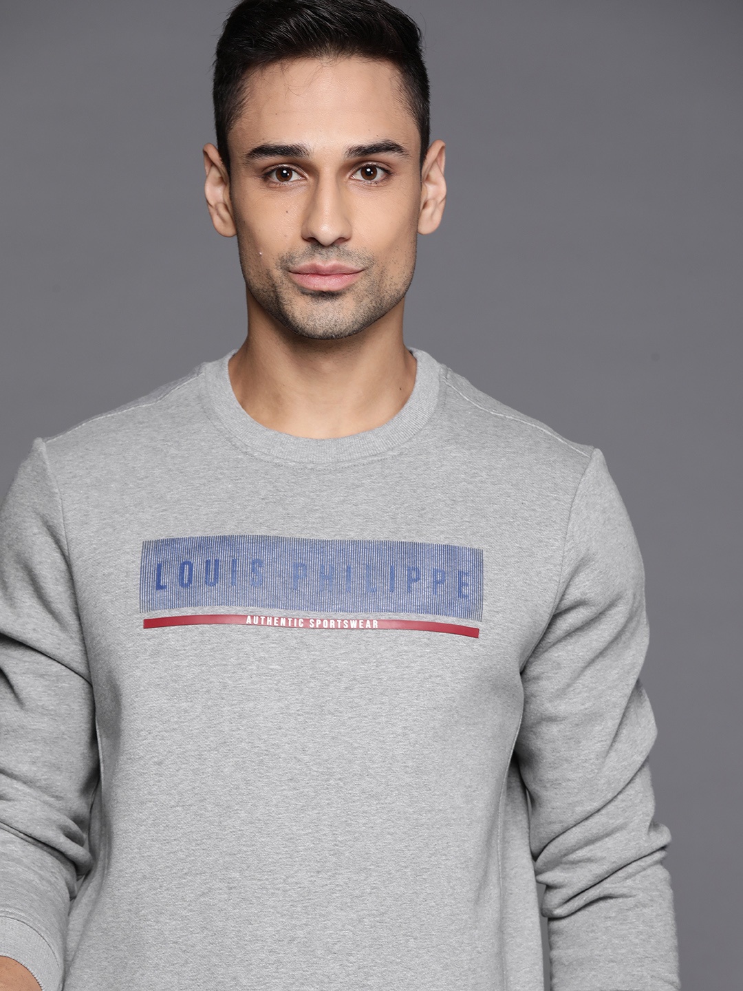 

Louis Philippe Sport Men Grey Melange Brand Logo Printed Sweatshirt