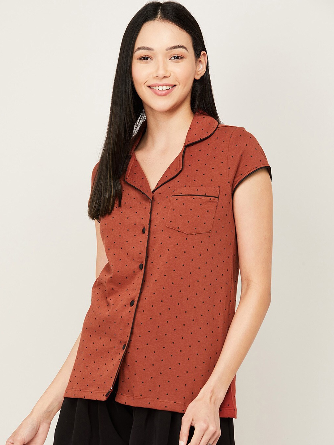 

Ginger by Lifestyle Brown & Black Polka Dots Printed Pure Cotton Shirt Style Top