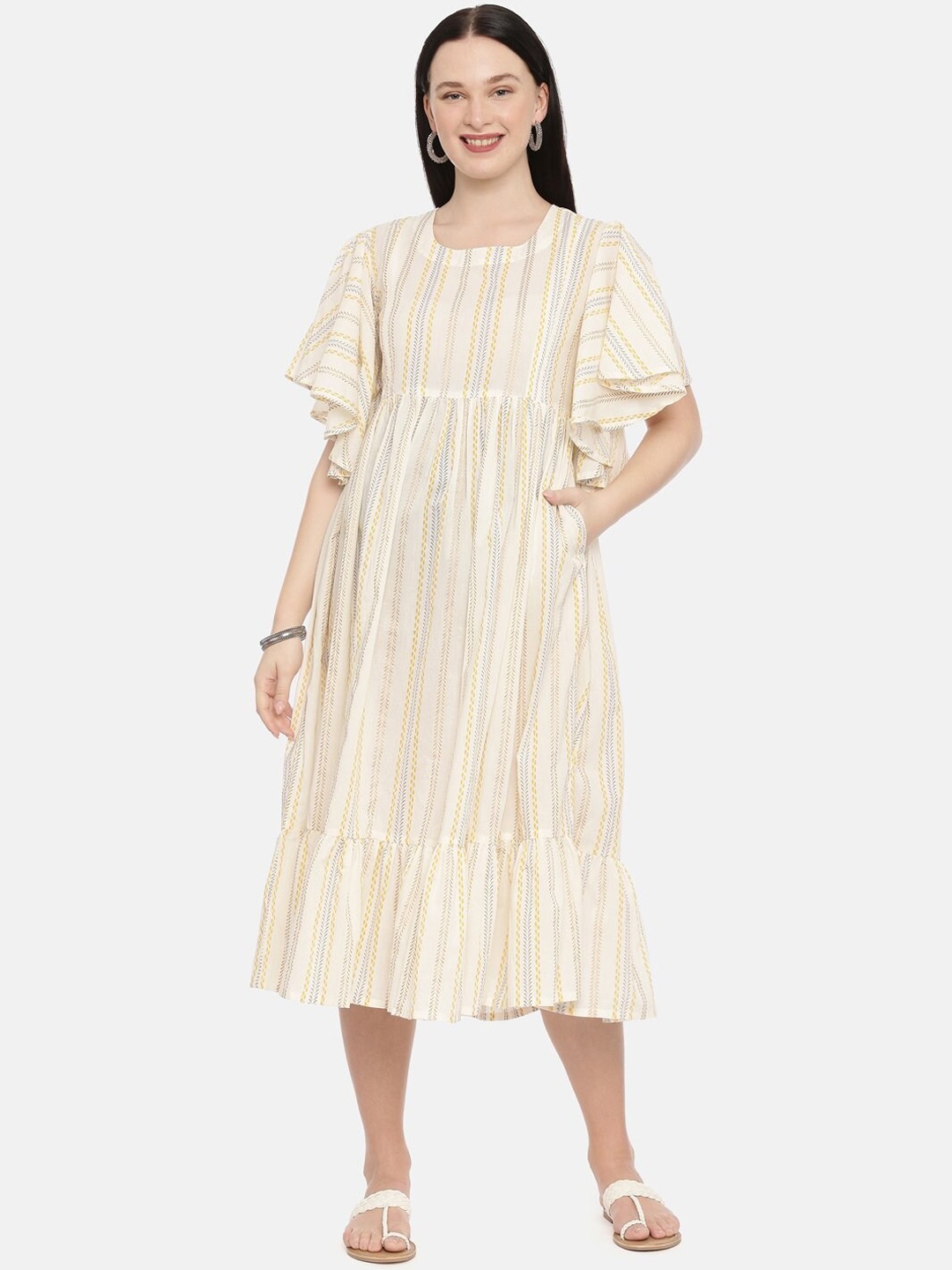 

The Mom Store Beige Striped Maternity A-Line Midi Dress