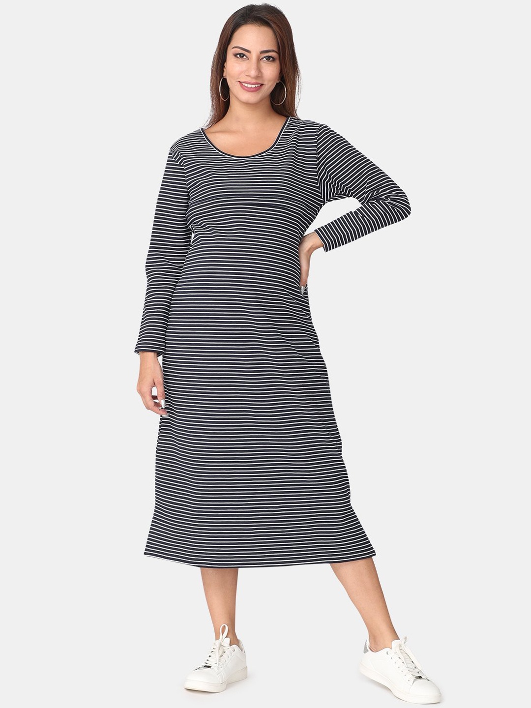 

The Mom Store Navy Blue & White Striped Maternity A-Line Midi Dress