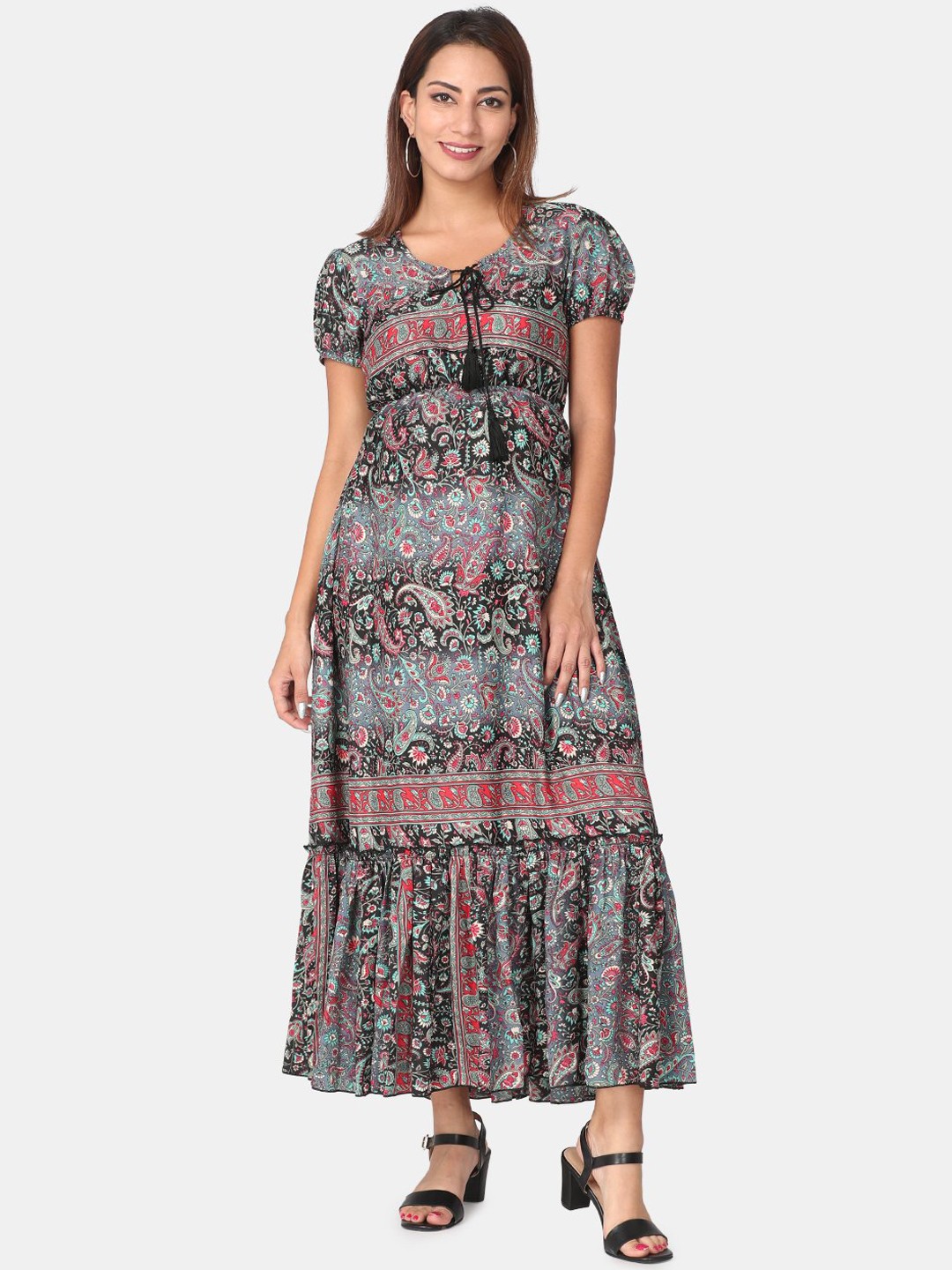 

The Mom Store Black & Grey Ethnic Motifs Maternity Maxi Dress