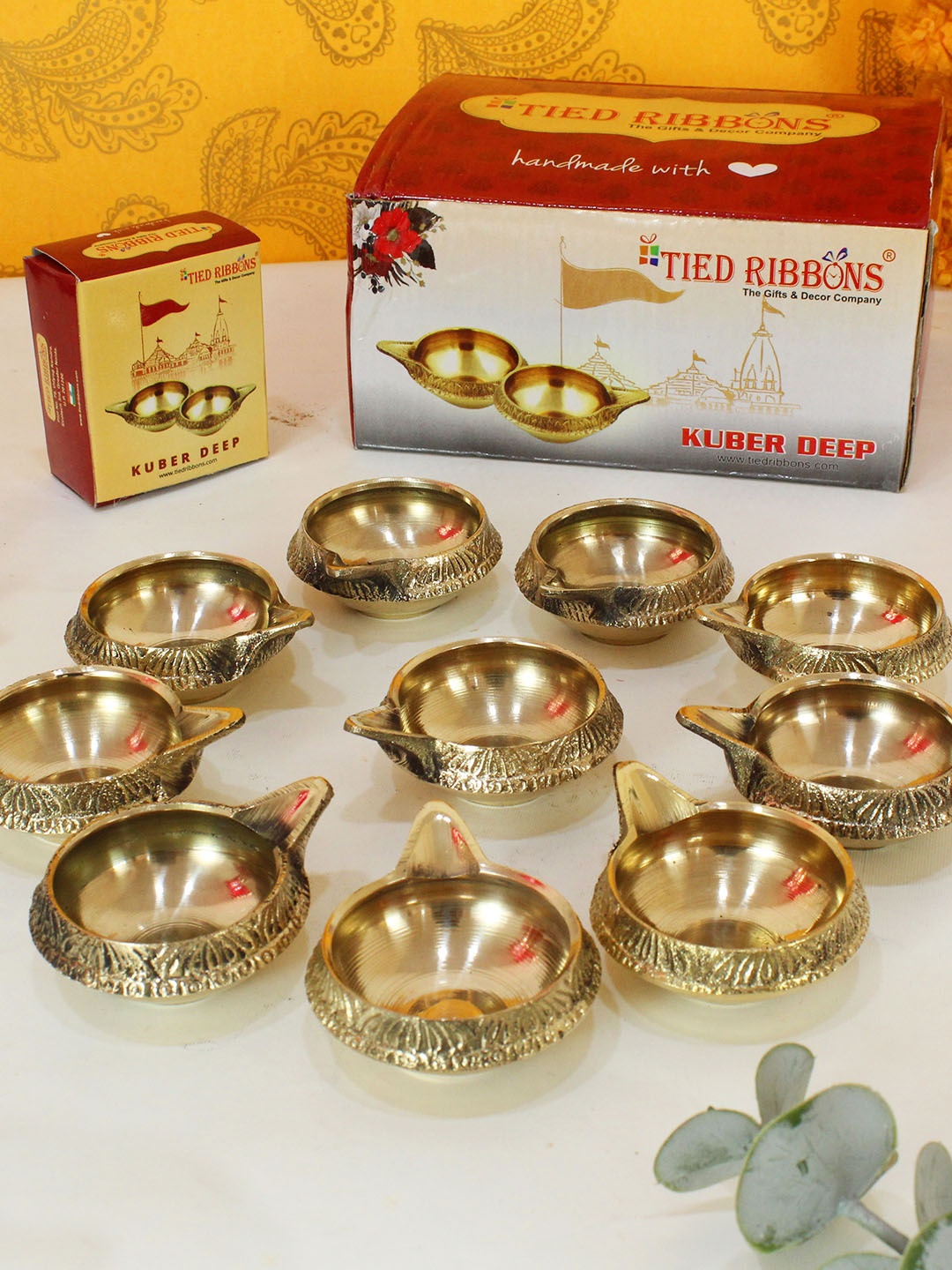 TIED RIBBONS Set of 10 Decorative Brass Diya Oil Lamp Candle Holder, Gold