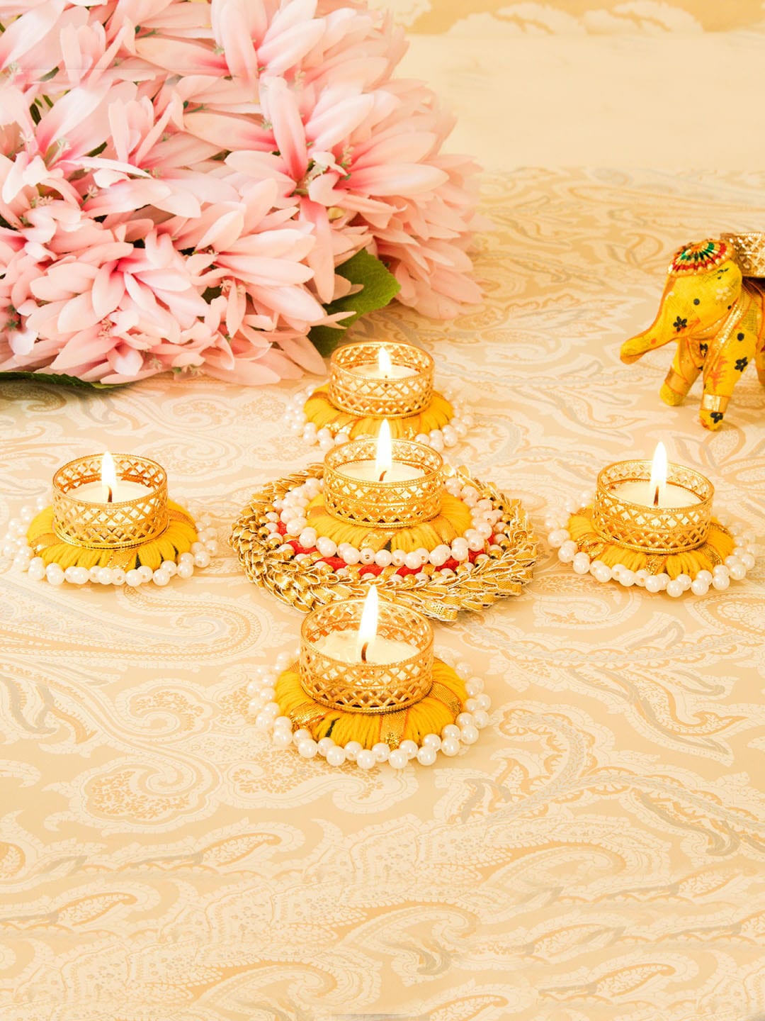 

TIED RIBBONS Set Of 5 Golden Diwali Dcoration Tealight Candle Holder, Gold