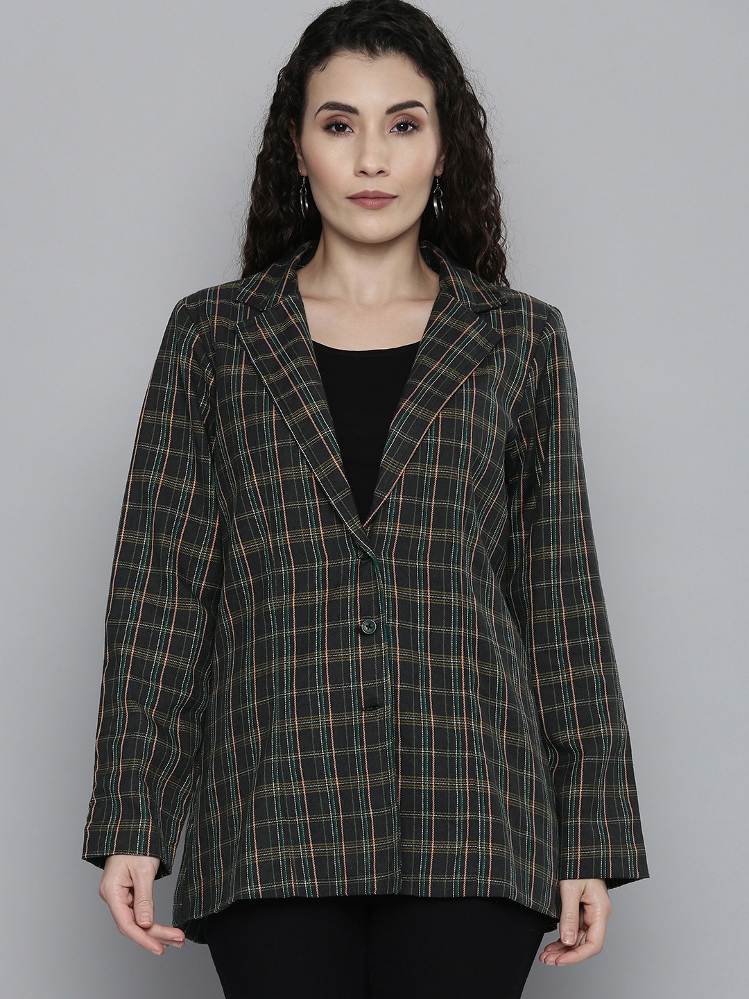 

SCOUP Women Black Checked Single Breasted Blazer