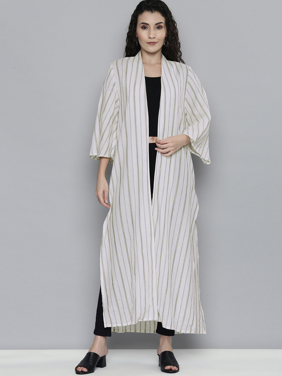

SCOUP Women Cream-Coloured Striped Longline Shrug