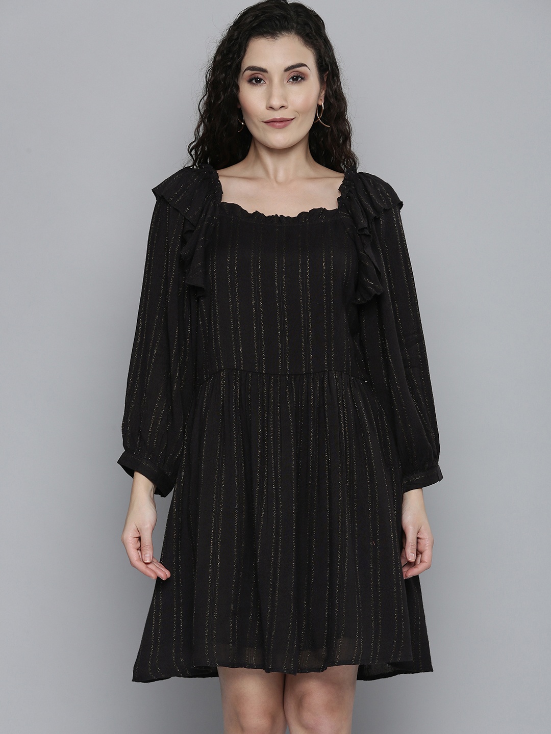 

SCOUP Black Striped Crepe Dobby Dress