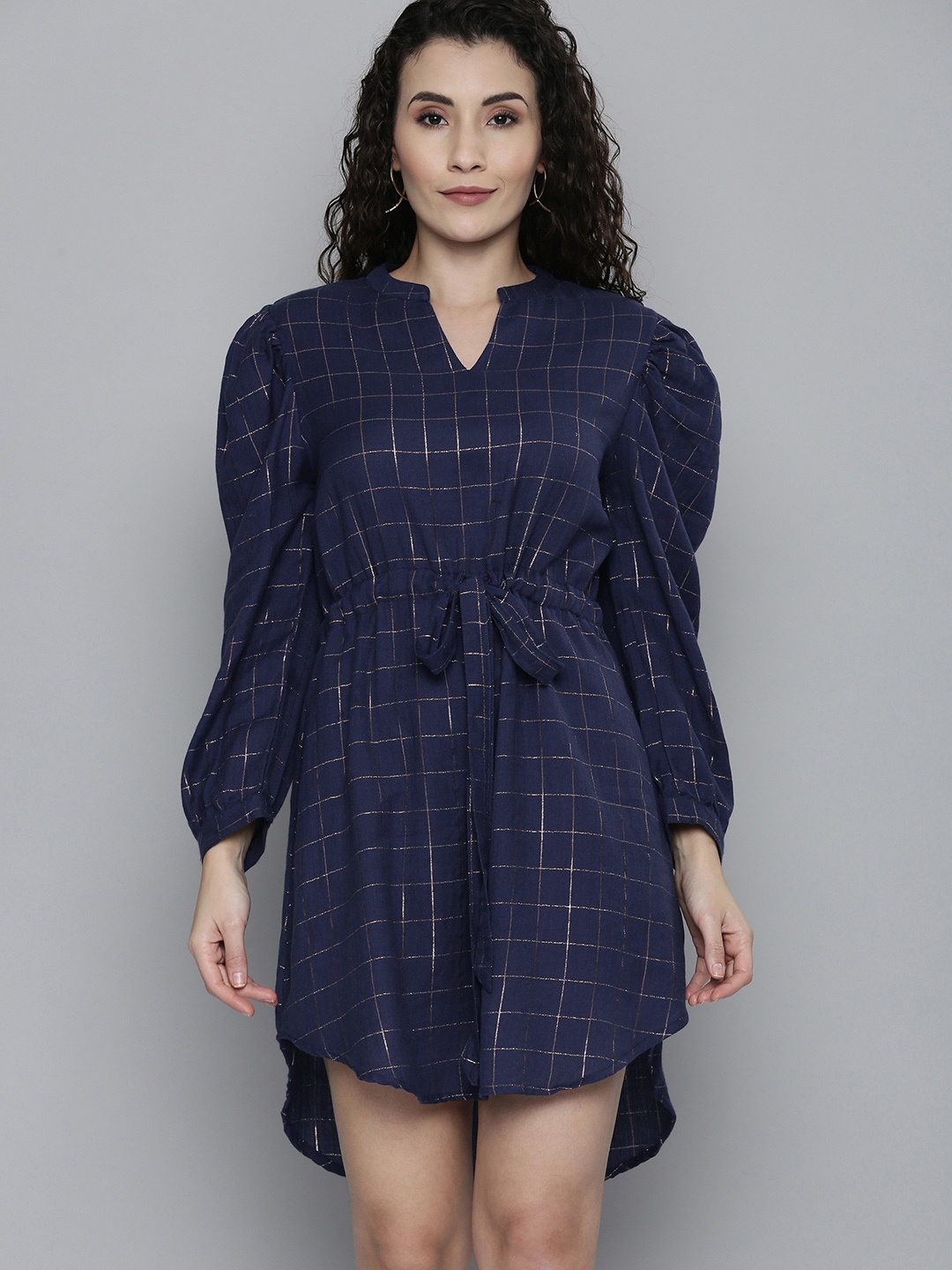 

SCOUP Blue Lurex Cotton Checked Fit & Flare Dress
