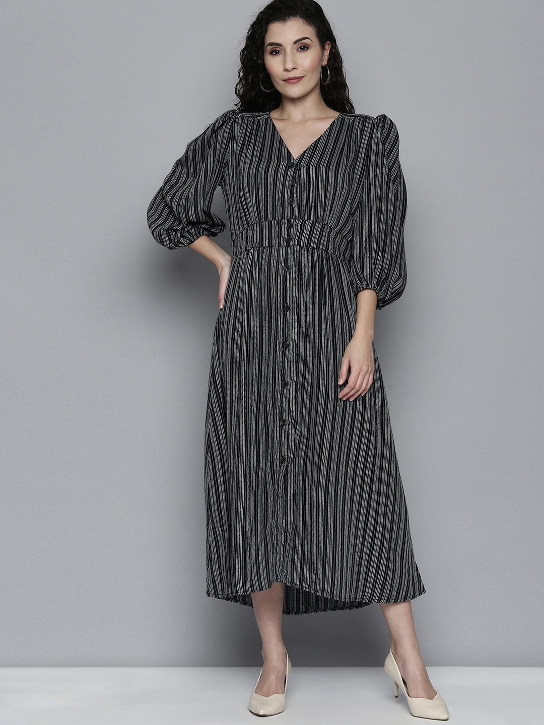 

SCOUP Black & White Cotton Striped Midi Dress