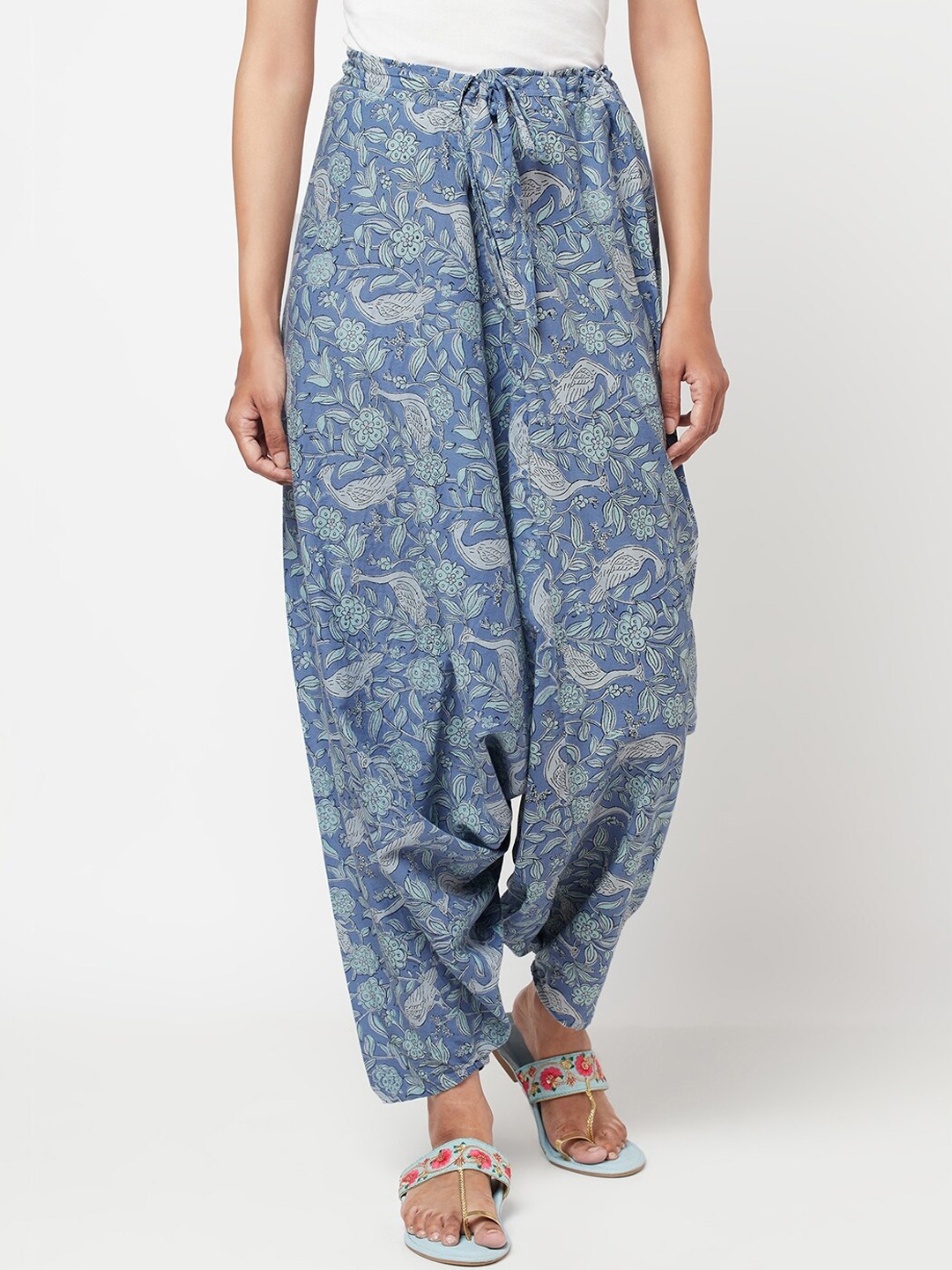 

Fabindia Women Blue & Yellow Printed Cotton Harem Pants