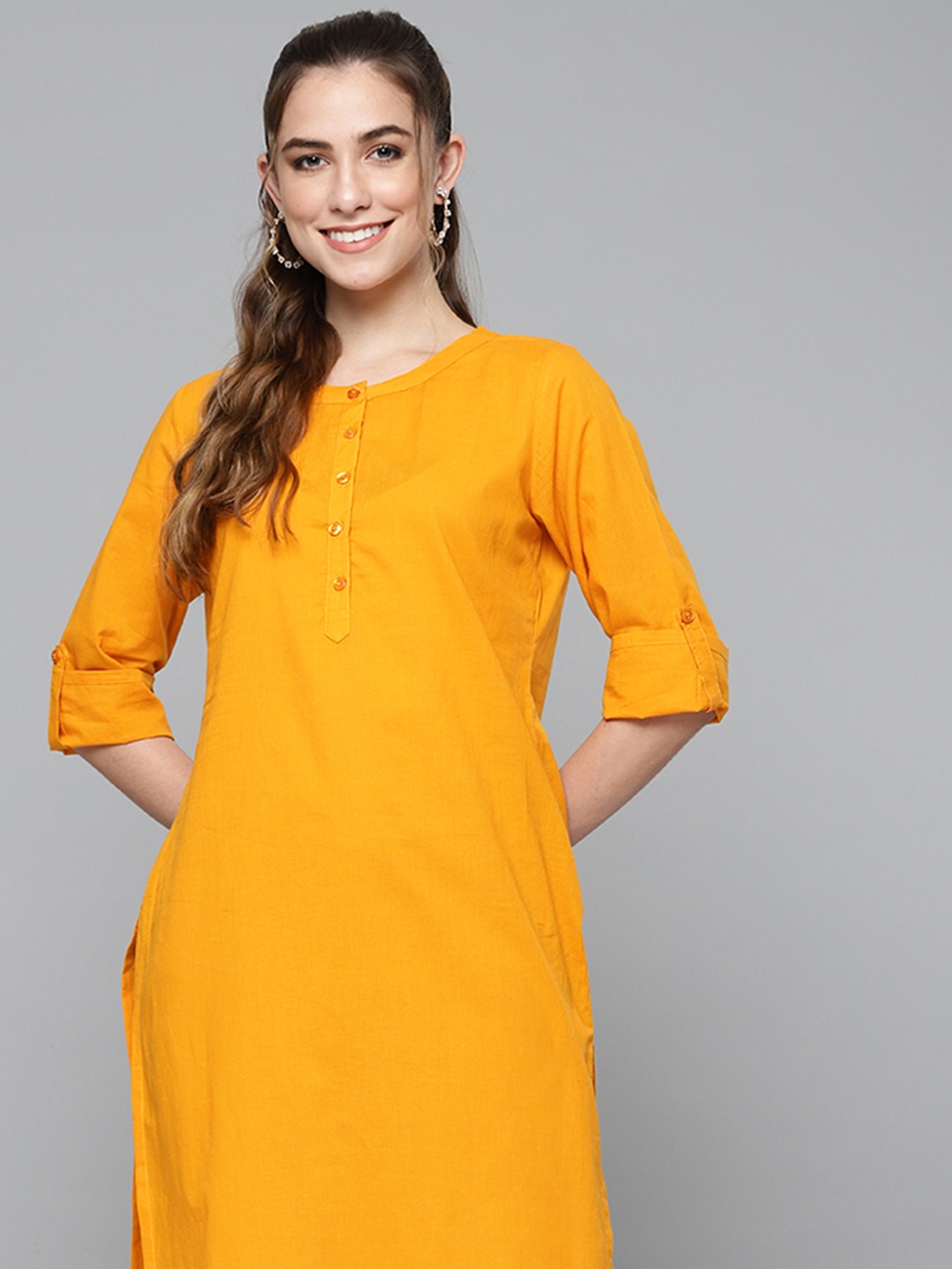 

HERE&NOW Mustard Yellow Pure Cotton Solid Straight Kurta