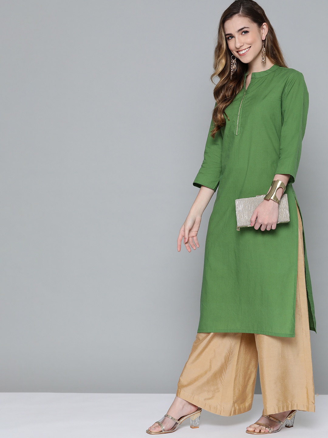 

HERE&NOW Women Green Solid Pure Cotton Kurta