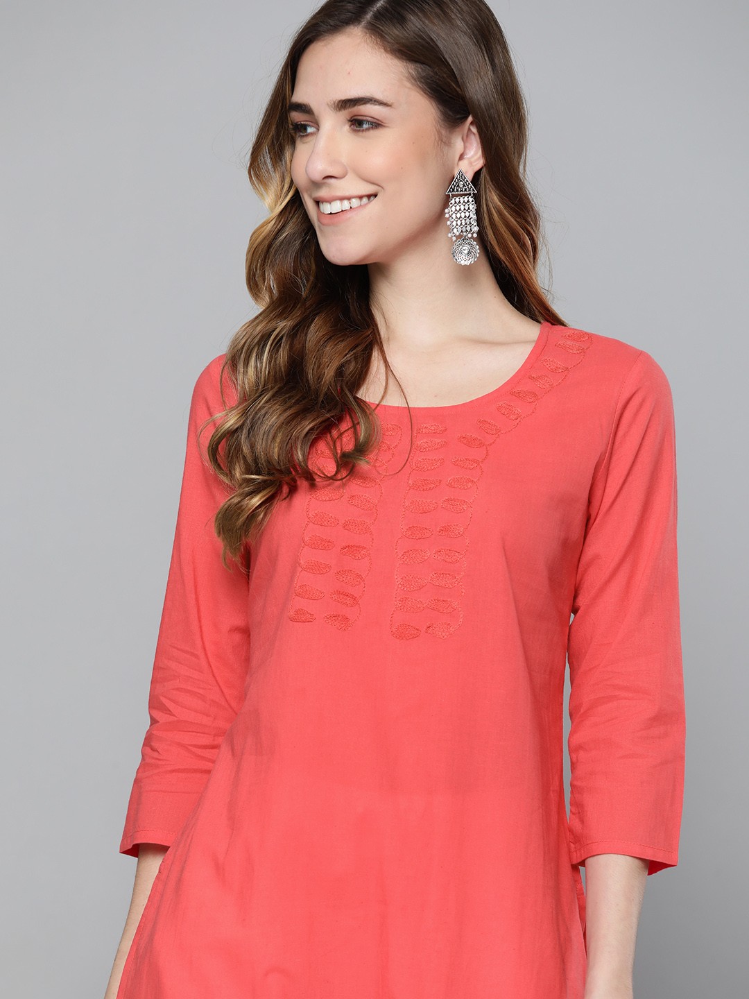 

HERE&NOW Women Pink Pure Cotton Embroidered Kurta