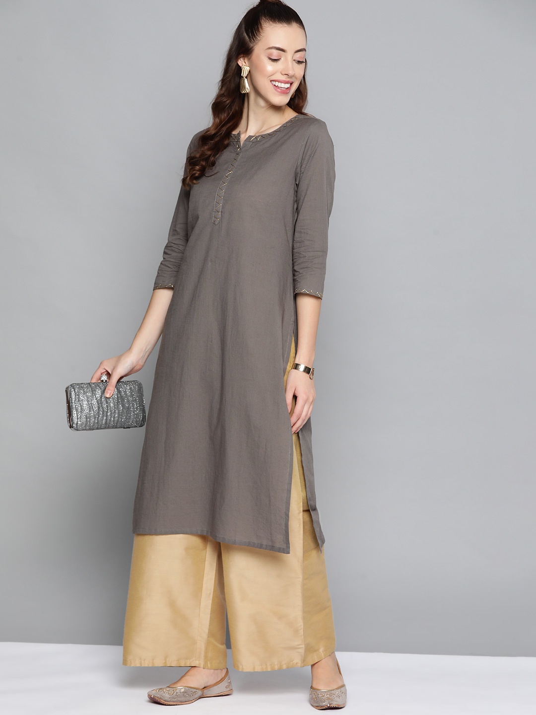 

HERE&NOW Women Grey Solid Thread Work Kurta