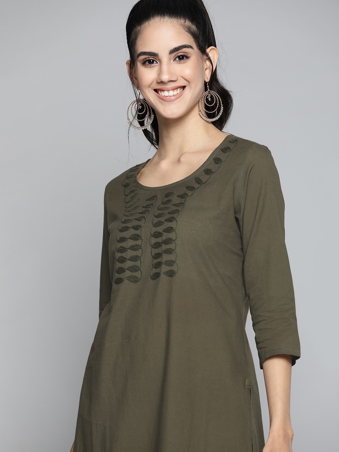 

HERE&NOW Women Olive Green Embroidered Pure Cotton Kurta