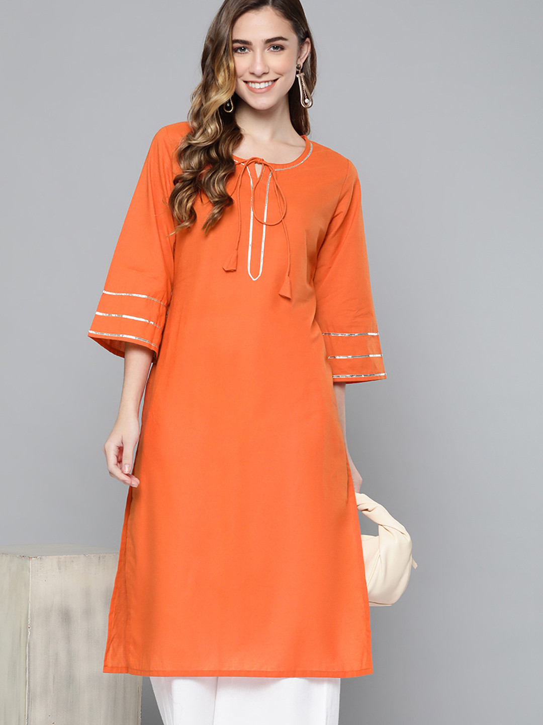 

HERE&NOW Women Orange Gotta Patti Yoke Design Pure Cotton Straight Kurta