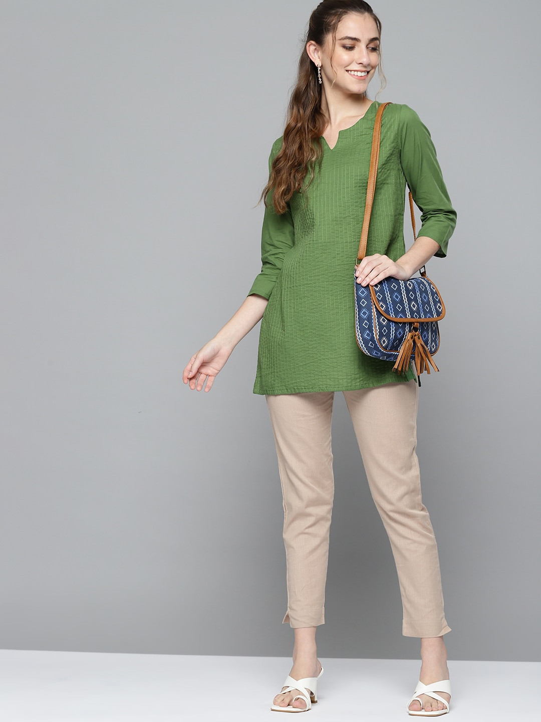 

HERE&NOW Women Green Self-Striped Kurti