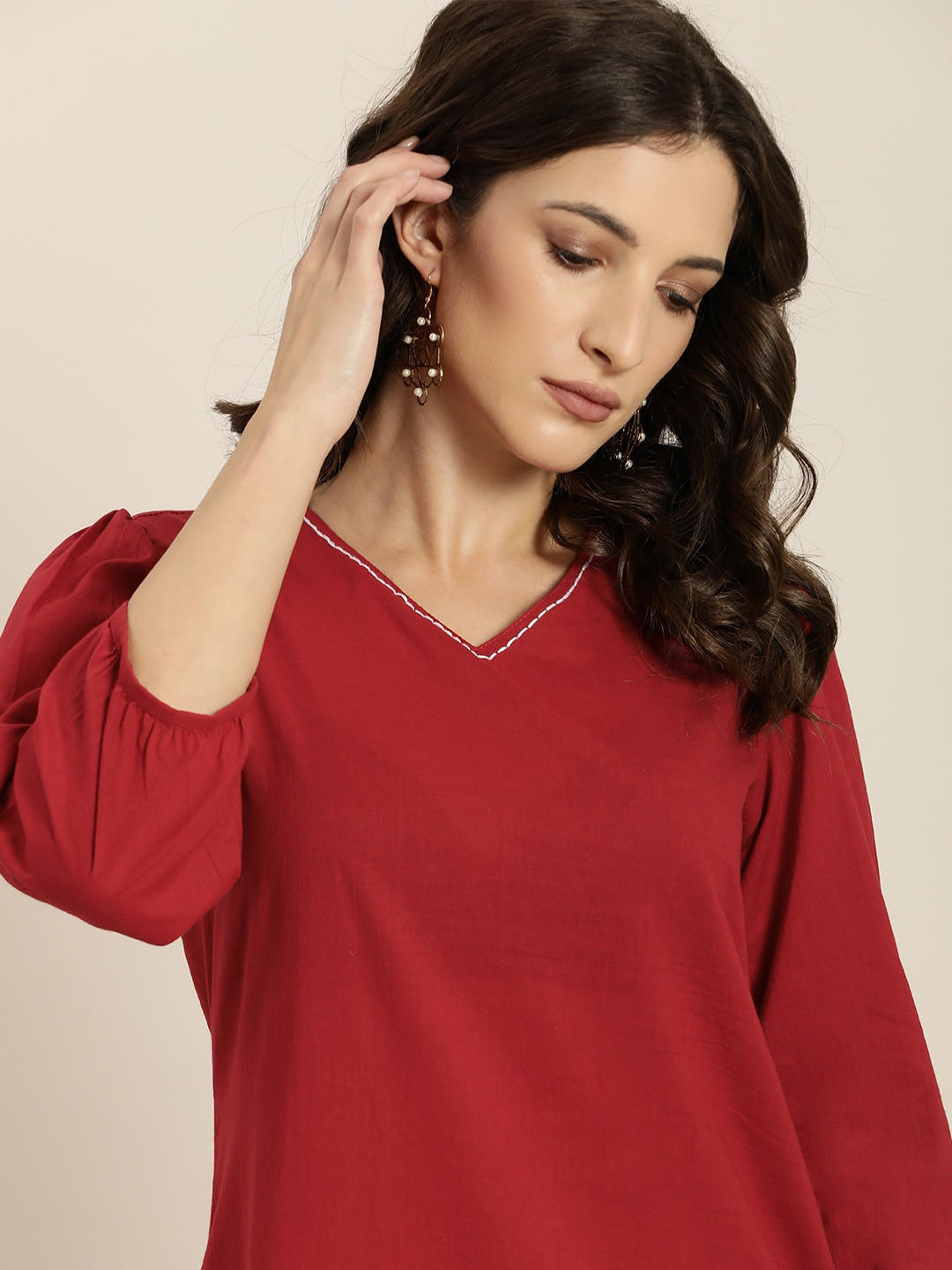 

Moda Rapido Women Red Solid Pure Cotton Kurta with Puff Sleeves