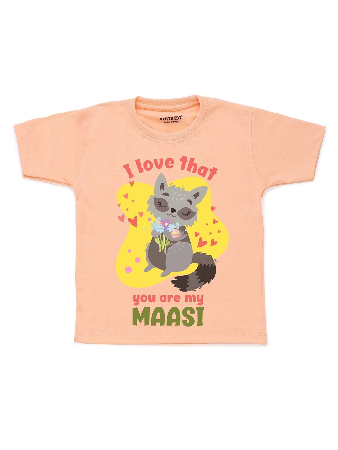 

KNITROOT Unisex Kids Peach-Coloured & Yellow I Love That Printed T-shirt