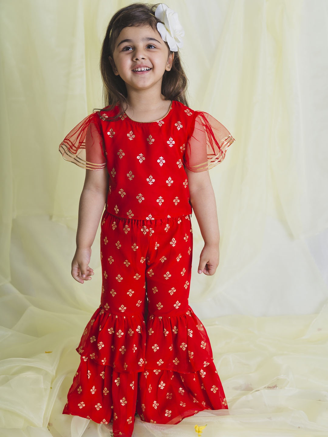 

SAKA DESIGNS Girls Red Floral Printed Regular Gotta Patti Top with Sharara & With Dupatta