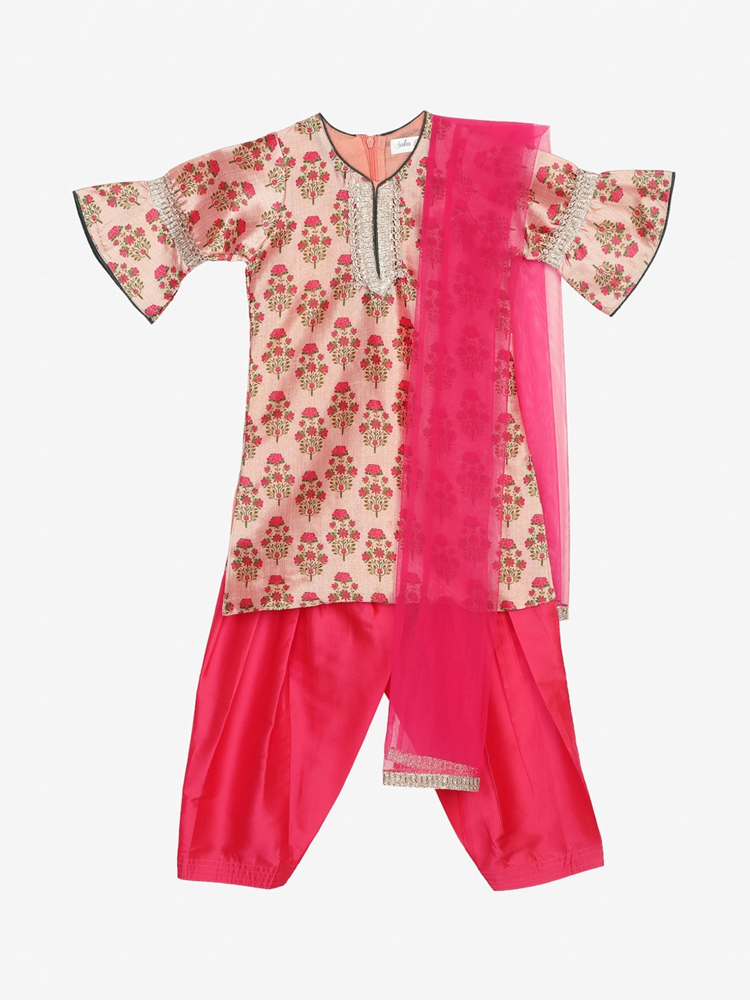 

SAKA DESIGNS Girls Peach-Coloured Floral Printed Layered Gotta Patti Kurta with Salwar & With Dupatta