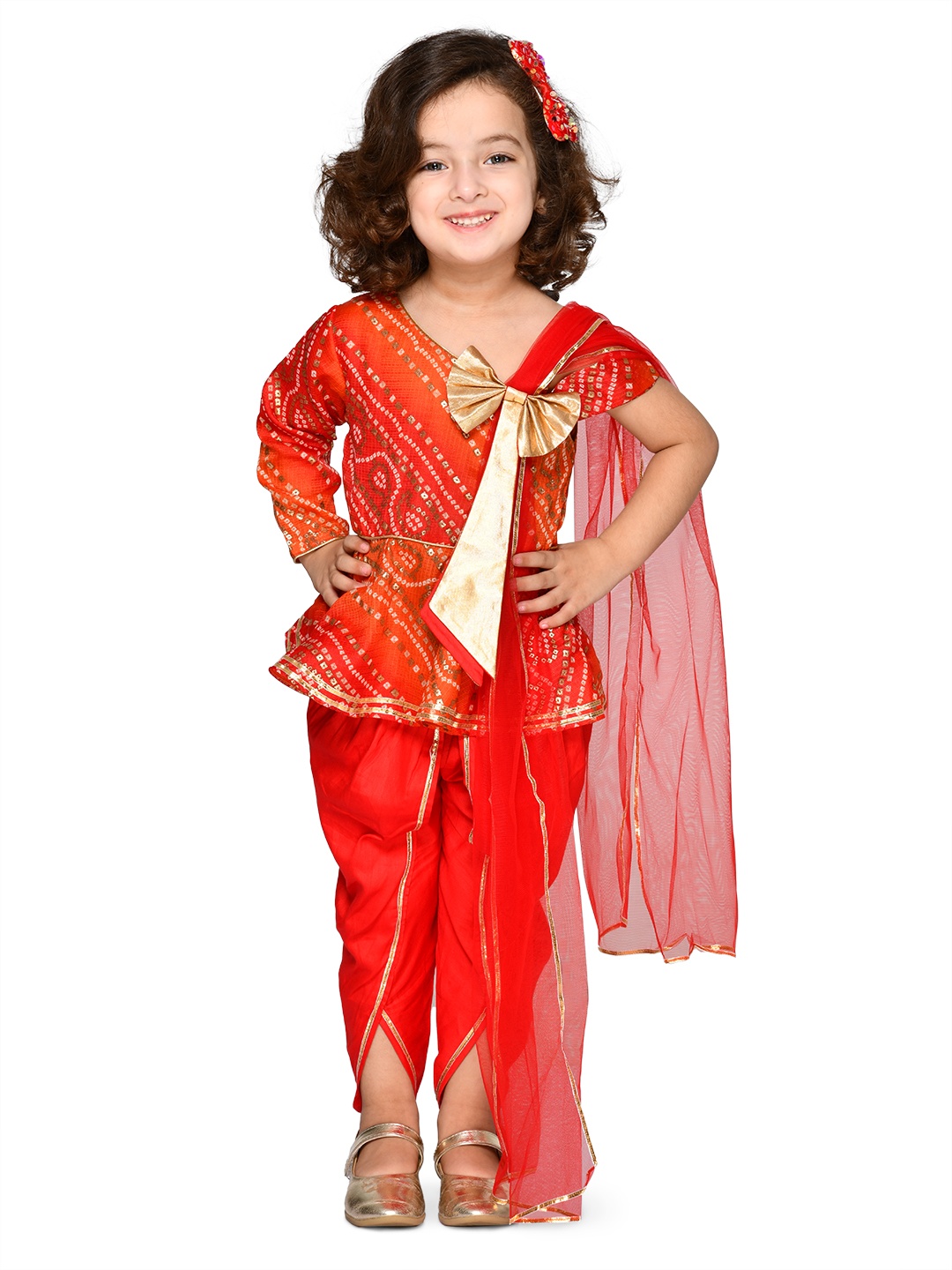 

SAKA DESIGNS Girls Red Ethnic Motifs Printed Regular Pure Cotton Kurti with Dhoti Pants & With Dupatta