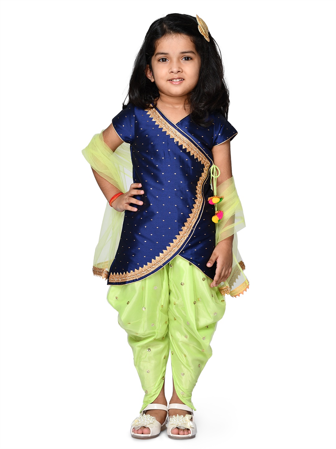 

SAKA DESIGNS Girls Navy Blue Angrakha Sequinned Kurti with Dhoti Pants & With Dupatta