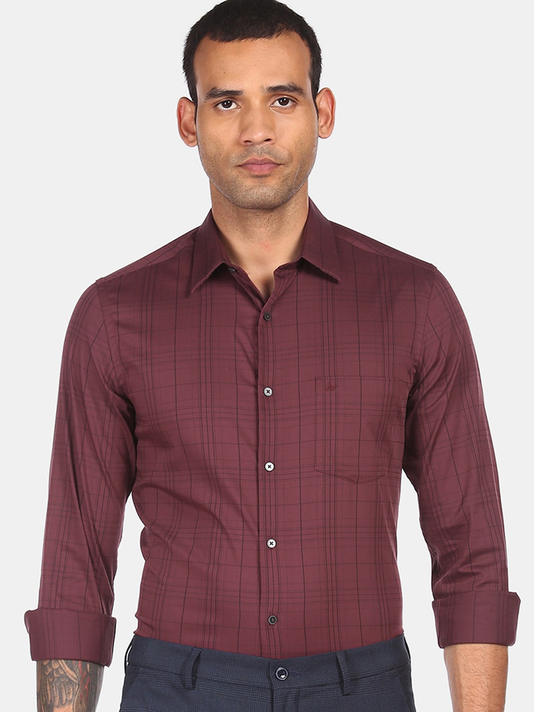 

Arrow New York Men Maroon Slim Fit Opaque Checked Casual Shirt