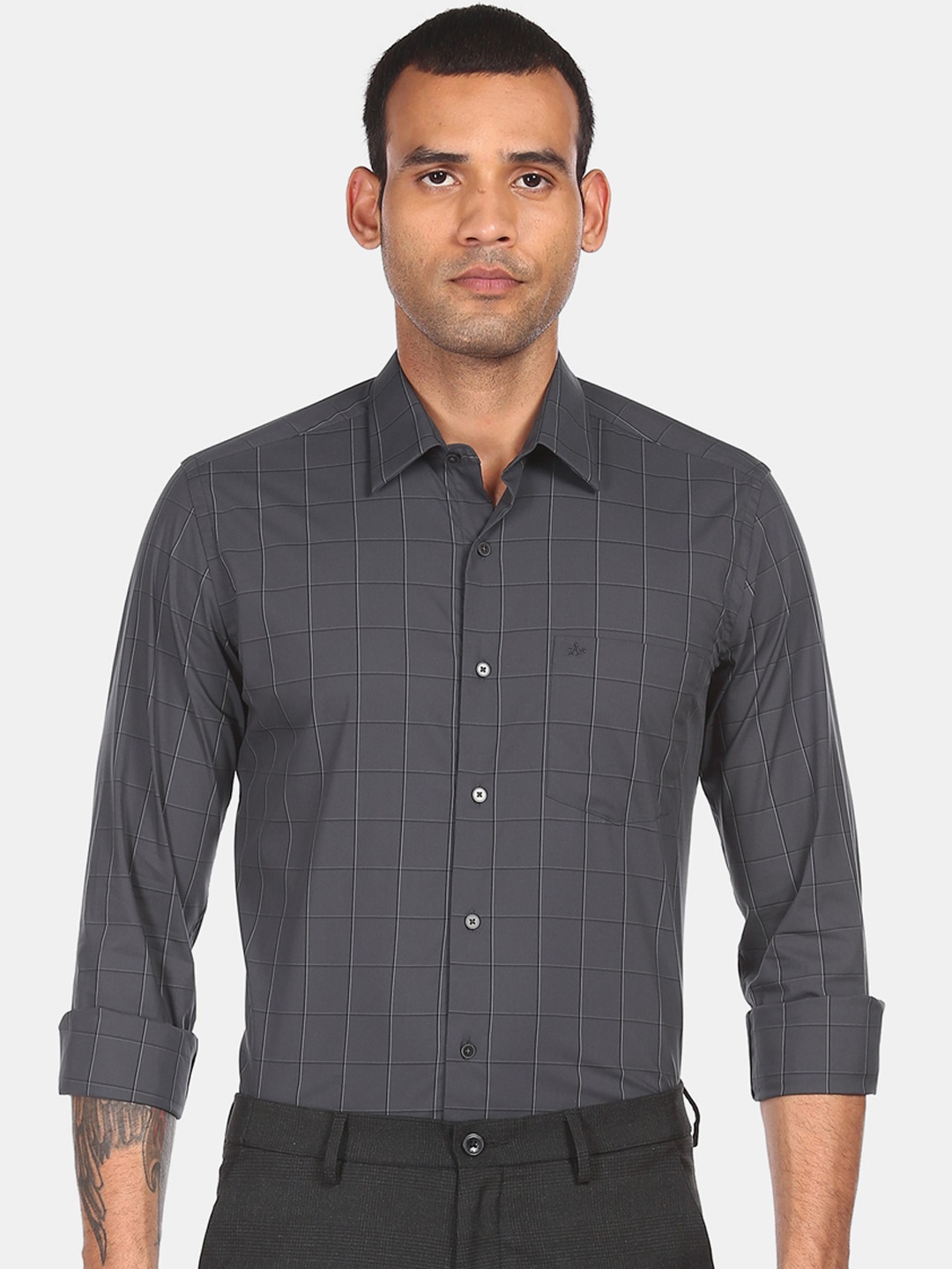 

Arrow New York Men Grey Slim Fit Windowpane Checks Opaque Checked Formal Shirt