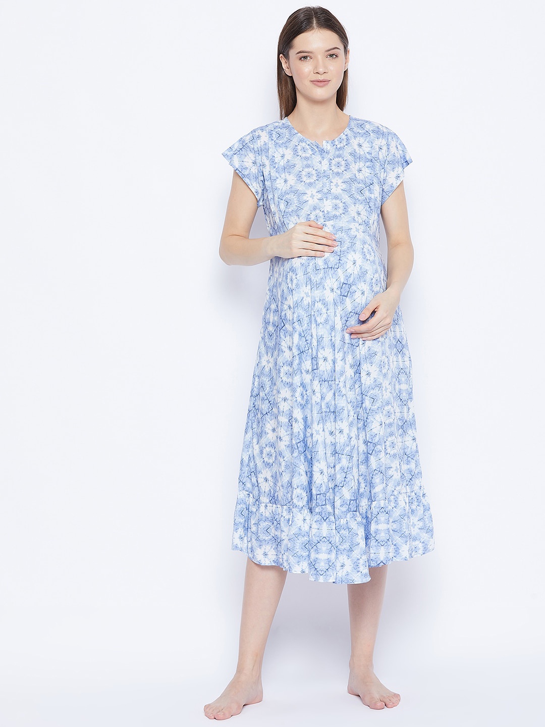 

Hypernation Blue Floral Printed Maternity Nightdress