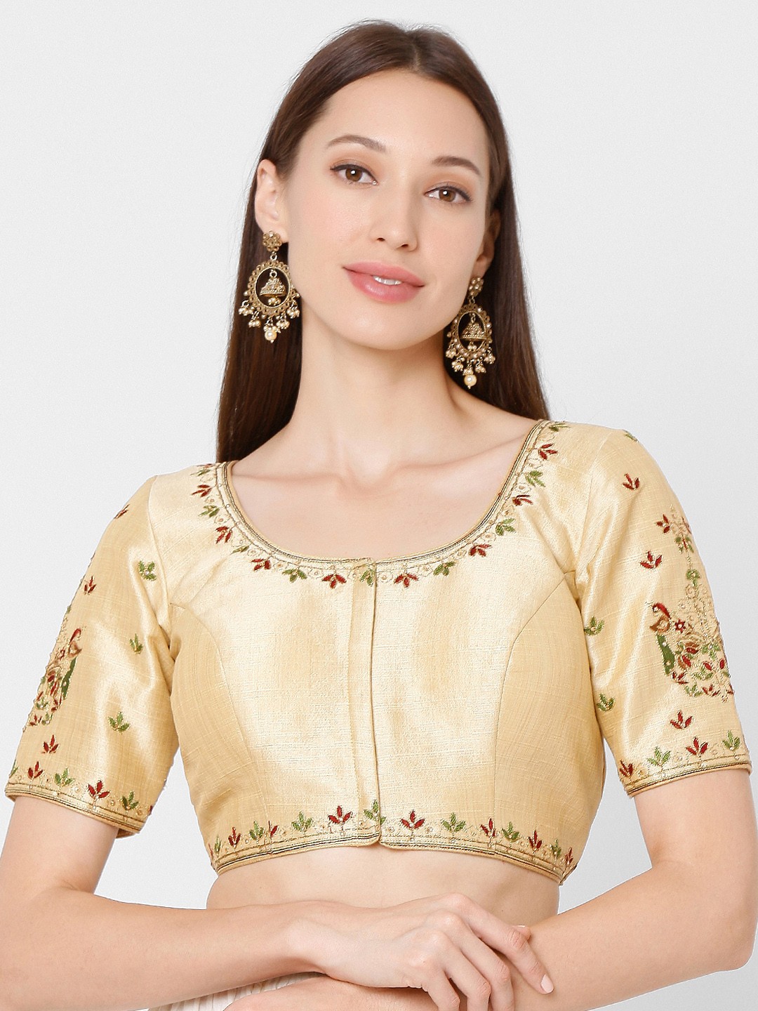 

SALWAR STUDIO Gold-Coloured & Red Embroidered Dupion Silk Readymade Saree Blouse