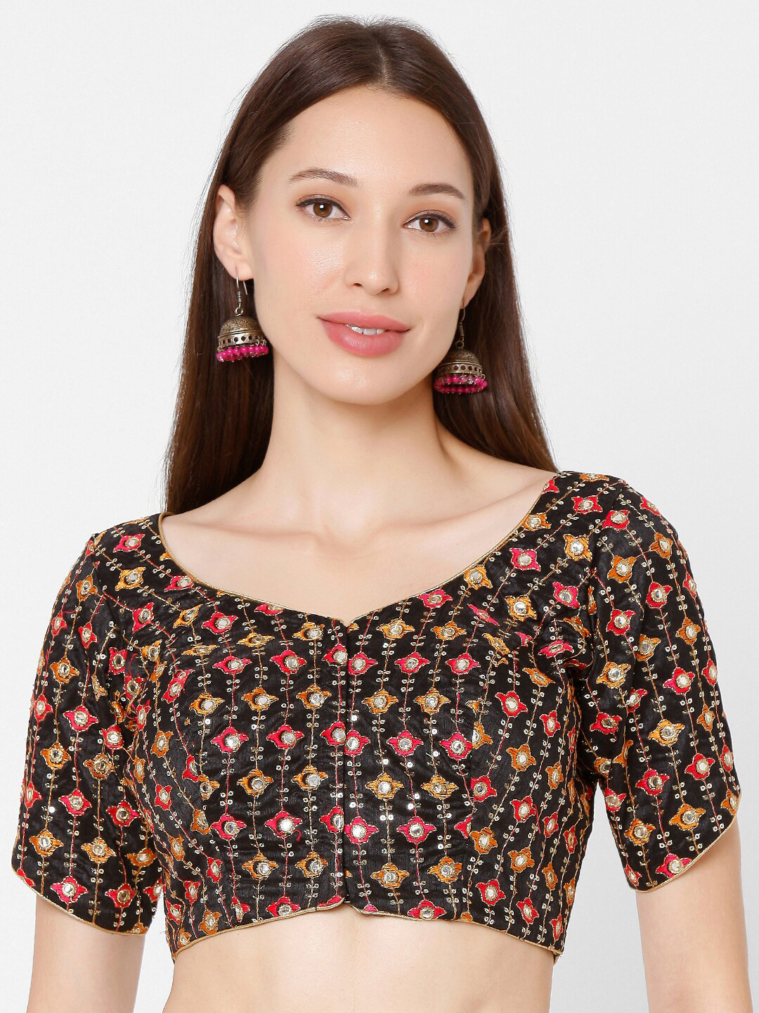 

SALWAR STUDIO Black & Red Sequence Embroidered Brocade Saree Blouse