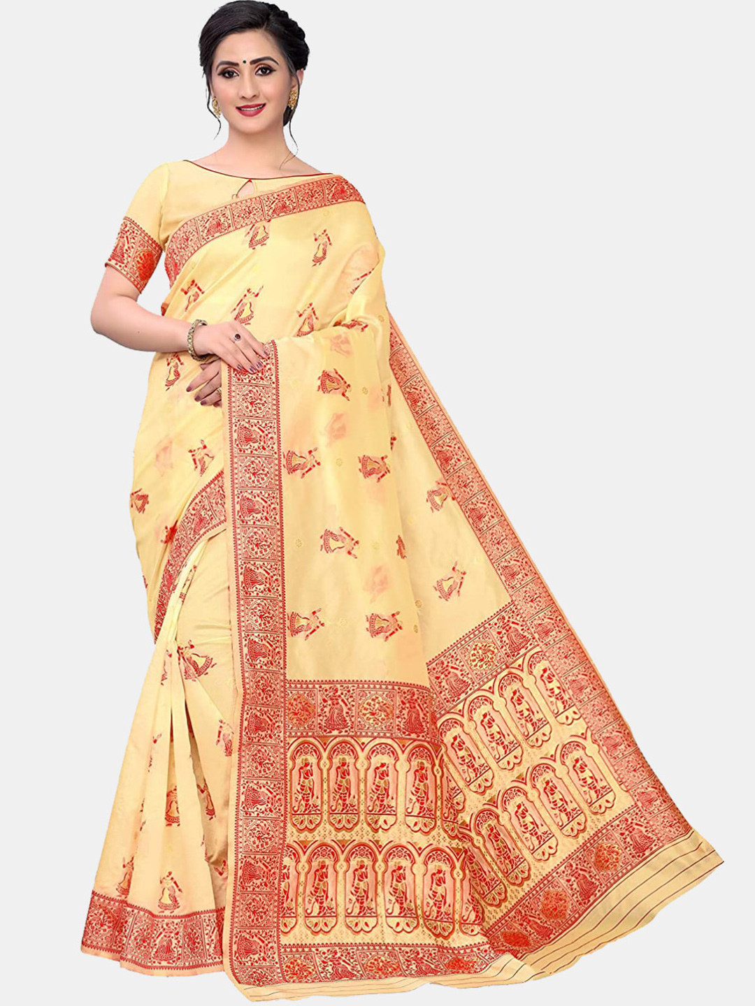 

Vbuyz Beige & Red Ethnic Motifs Printed Silk Blend Banarasi Saree