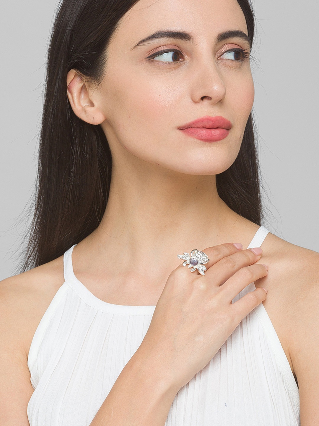 

Lilly & sparkle Silver-Plated & Purple Crystal-Studded Bee Shaped Finger Ring