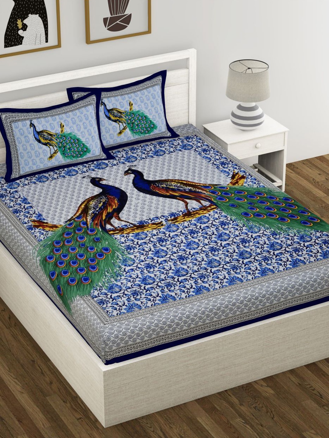 

Varde White & Navy Blue Ethnic Motifs 104 TC Queen Bedsheet with 2 Pillow Covers