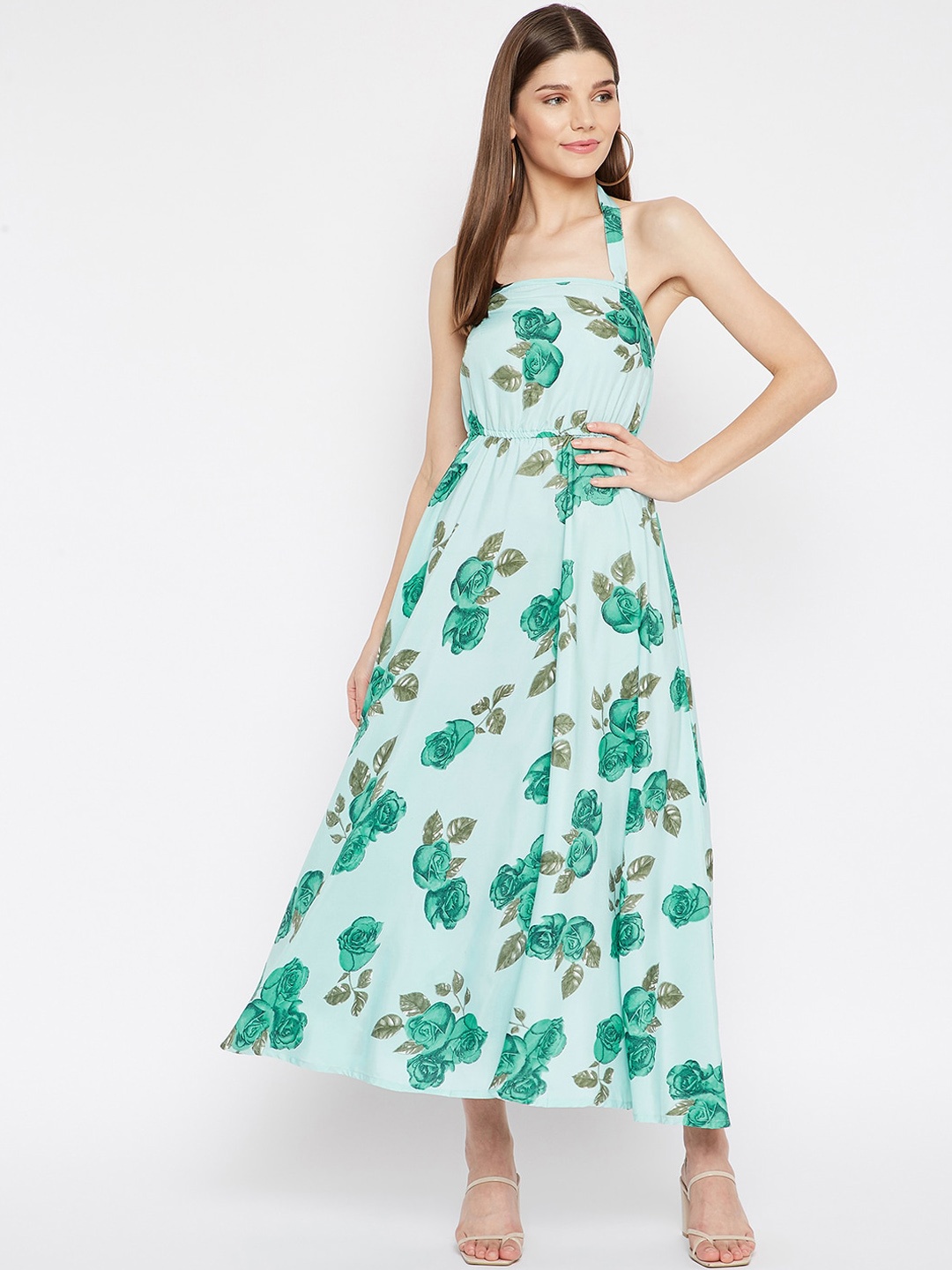 

U&F Sea Green & Green Floral Printed Crepe Maxi Dress