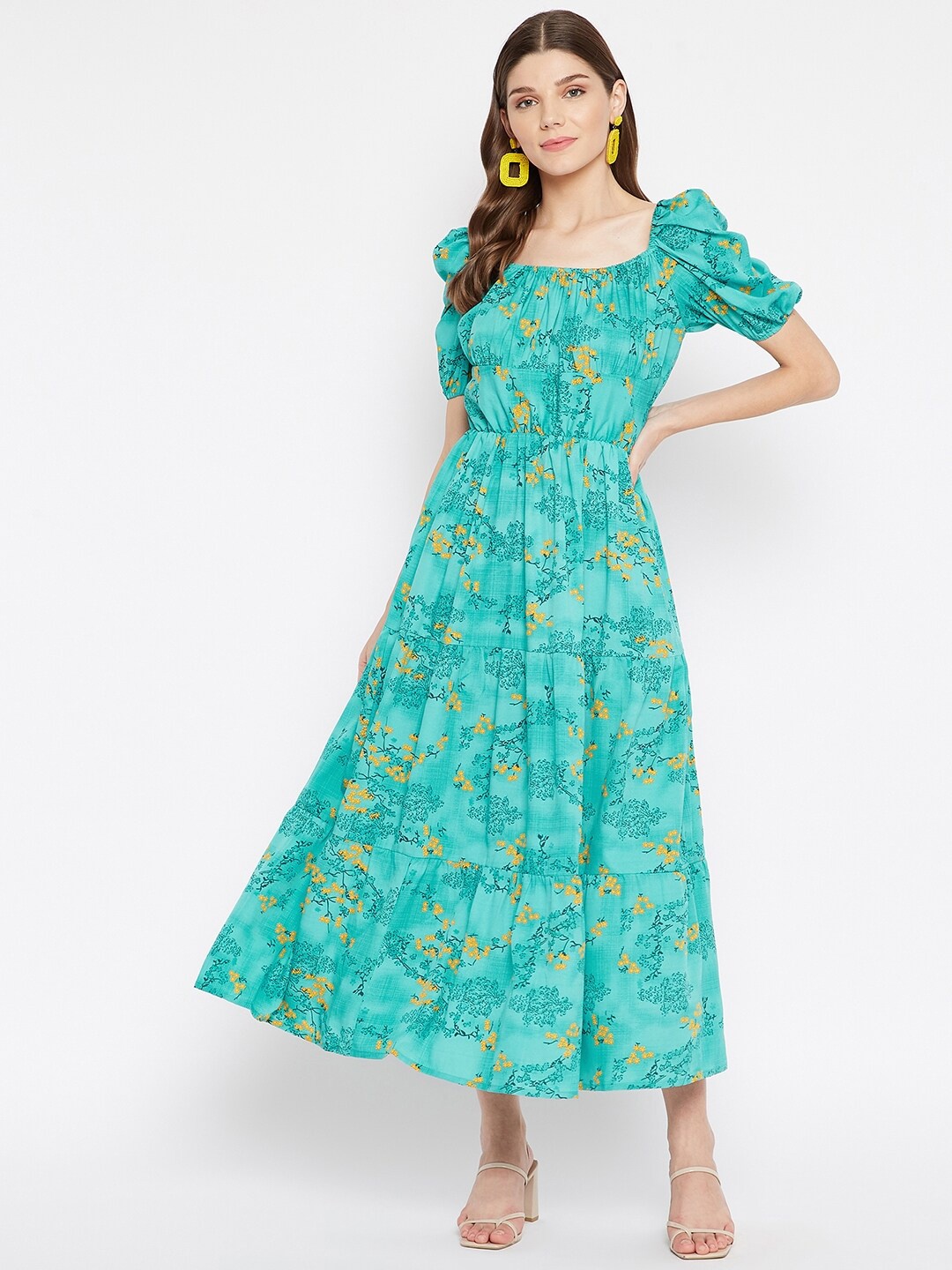 

U&F Turquoise Blue Floral Crepe Midi Dress