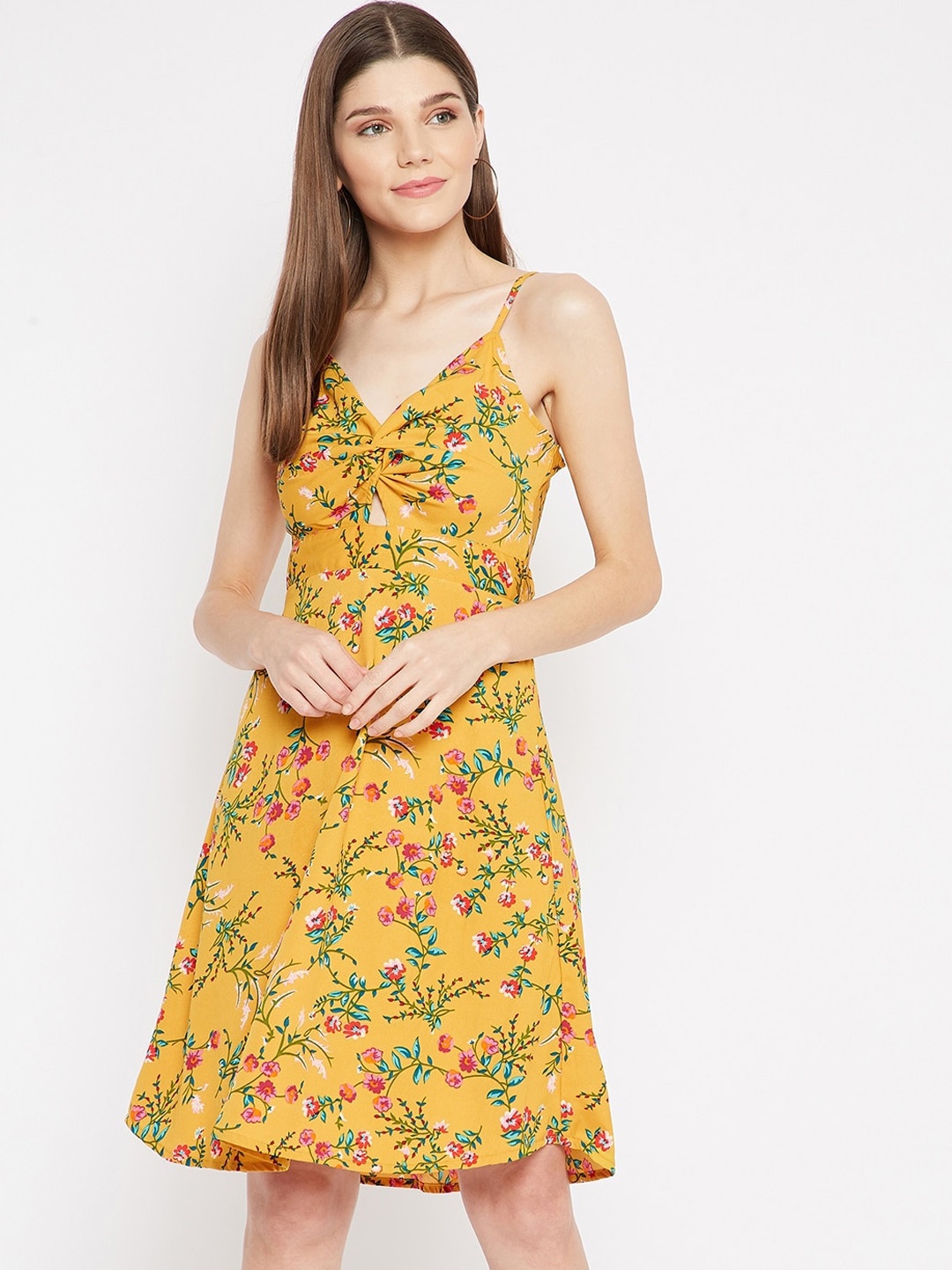 

U&F Yellow & Green Floral Crepe A-Line Dress