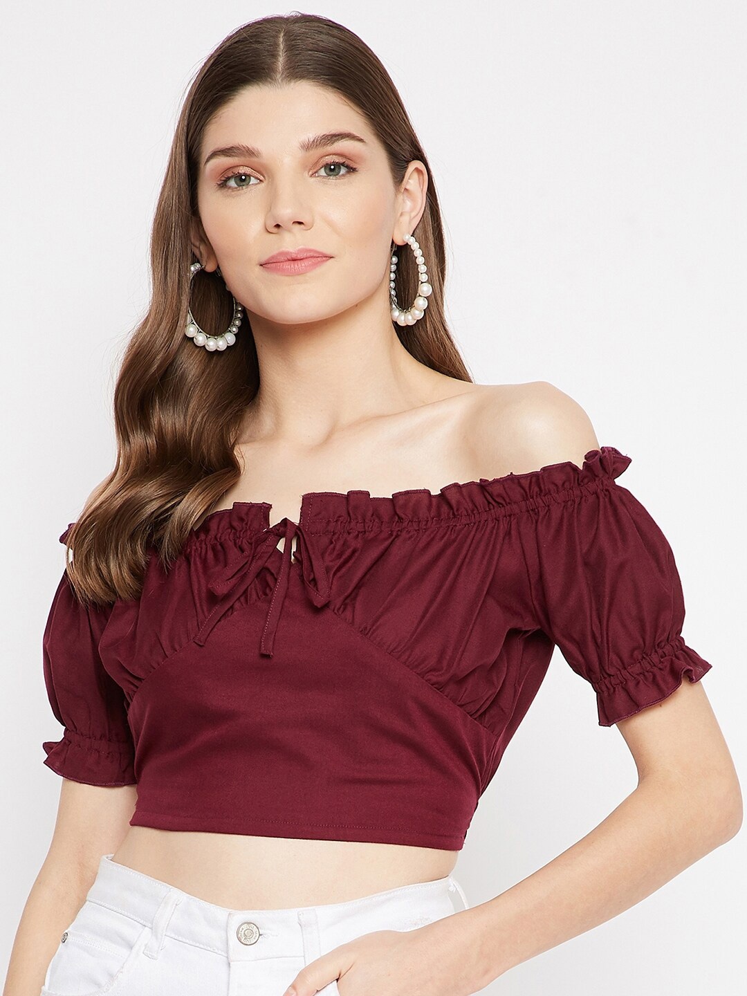 

U&F Burgundy Off-Shoulder Bardot Crop Top