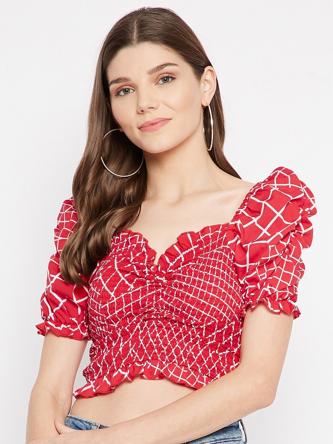 

U&F Red Geometric Sweetheart Neck Crepe Regular Crop Top