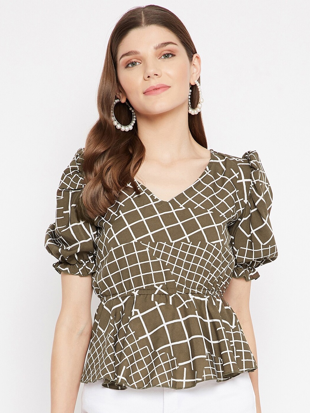 

U&F Olive Green Checked Crepe Peplum Top