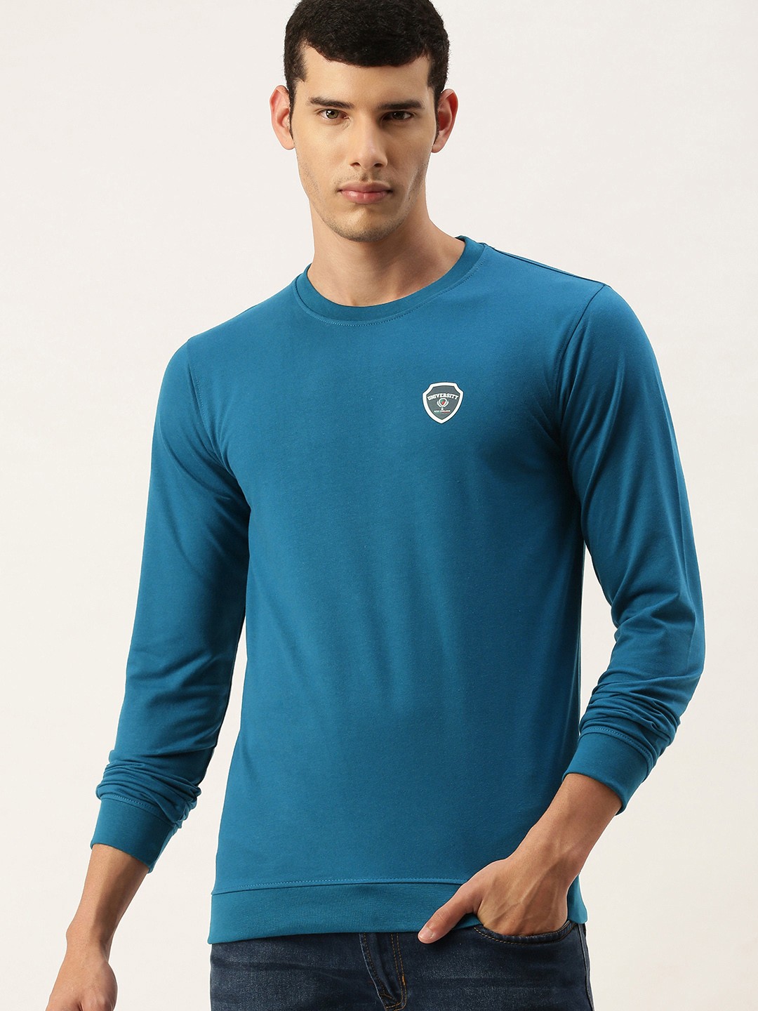 

PETER ENGLAND UNIVERSITY Men Teal Brand Logo Printed Pullover Sweatshirt