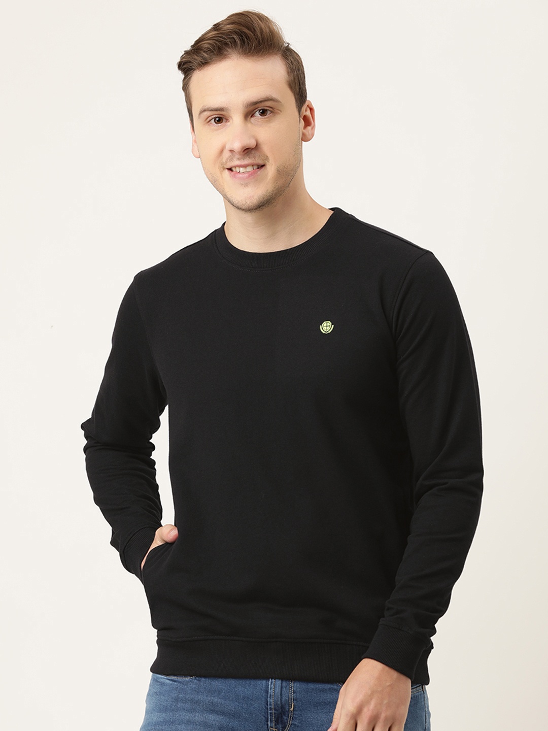 

PETER ENGLAND UNIVERSITY Men Black Solid Round Neck Sweatshirt