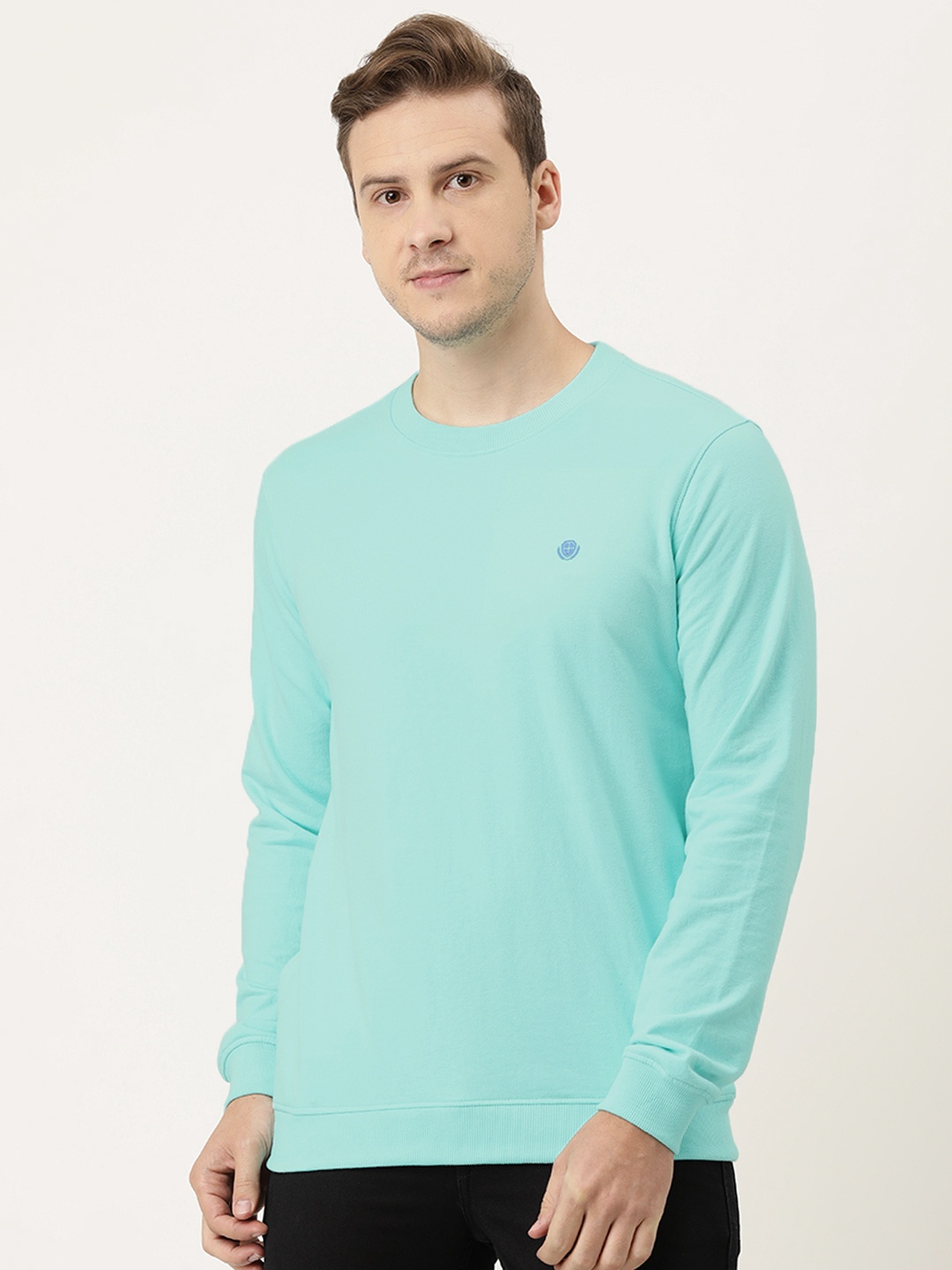 

PETER ENGLAND UNIVERSITY Men Turquoise Blue Solid Round Neck Sweatshirt