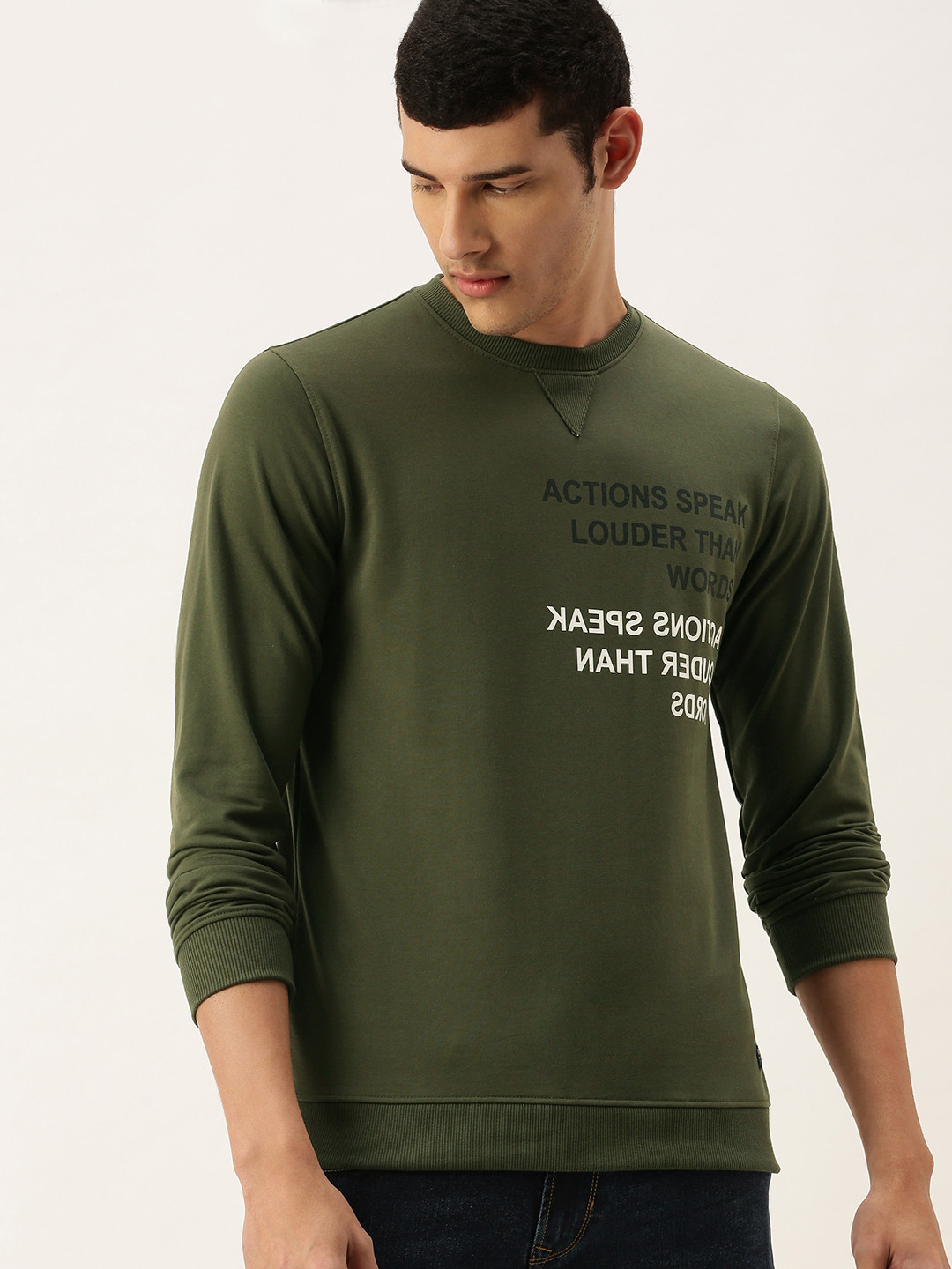 

PETER ENGLAND UNIVERSITY Men Olive Green & White Printed Sweatshirt