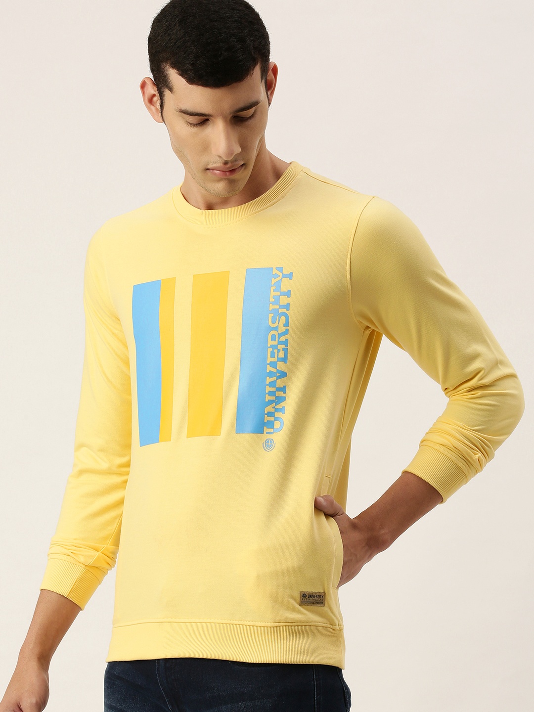 

PETER ENGLAND UNIVERSITY Men Yellow Printed Sweatshirt