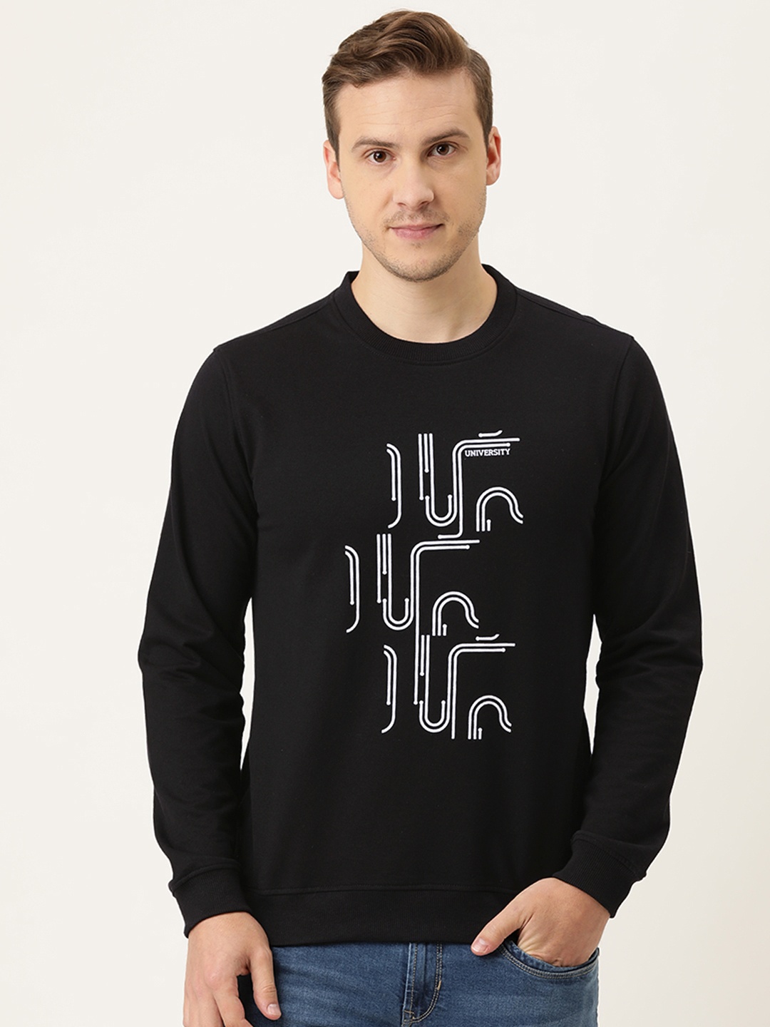 

PETER ENGLAND UNIVERSITY Men Black Geometric Printed Round Neck Sweatshirt