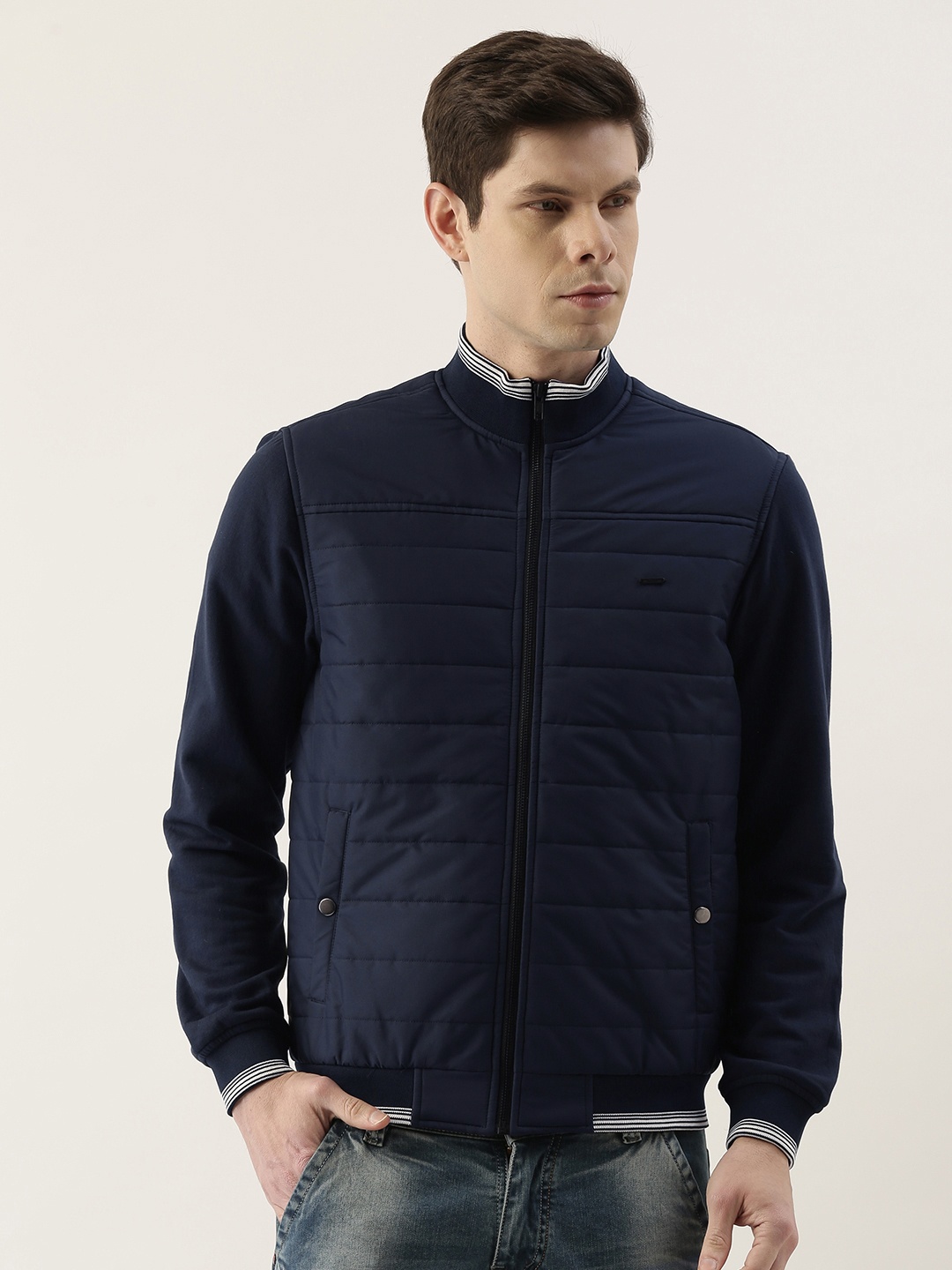 

PETER ENGLAND UNIVERSITY Men Navy Blue Solid Varsity Jacket