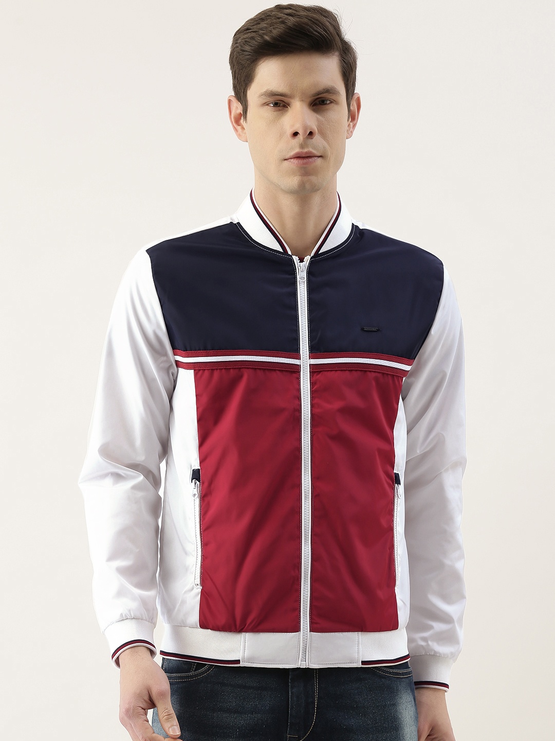 

PETER ENGLAND UNIVERSITY Men White & Red Colourblocked Bomber Jacket